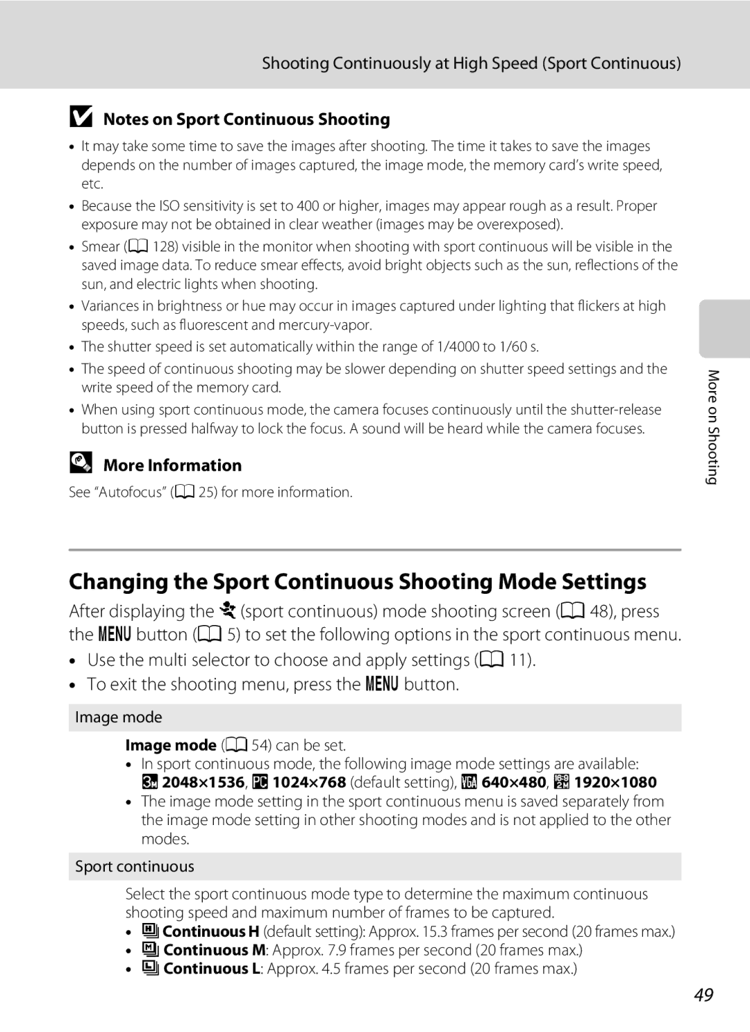 Nikon 26331, L310 user manual Shooting Continuously at High Speed Sport Continuous, Image mode Image mode a 54 can be set 