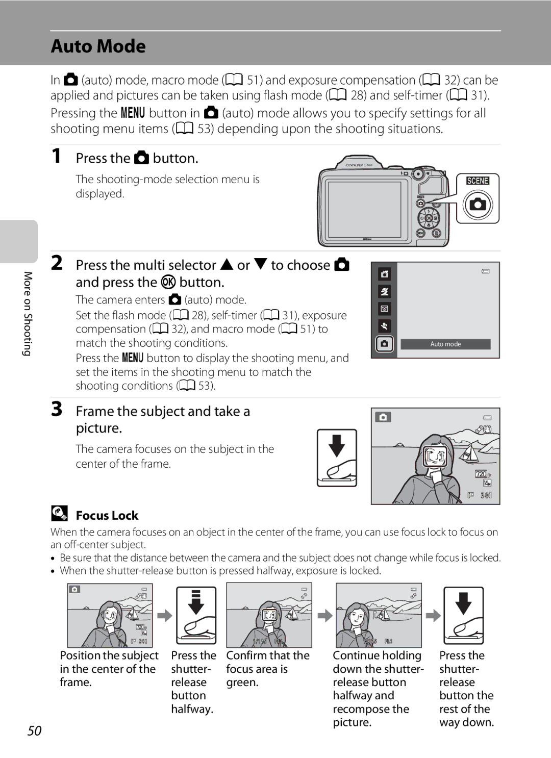 Nikon L310, 26331 Auto Mode, Press the Abutton, Press the multi selector Hor Ito choose a Press the kbutton, Focus Lock 