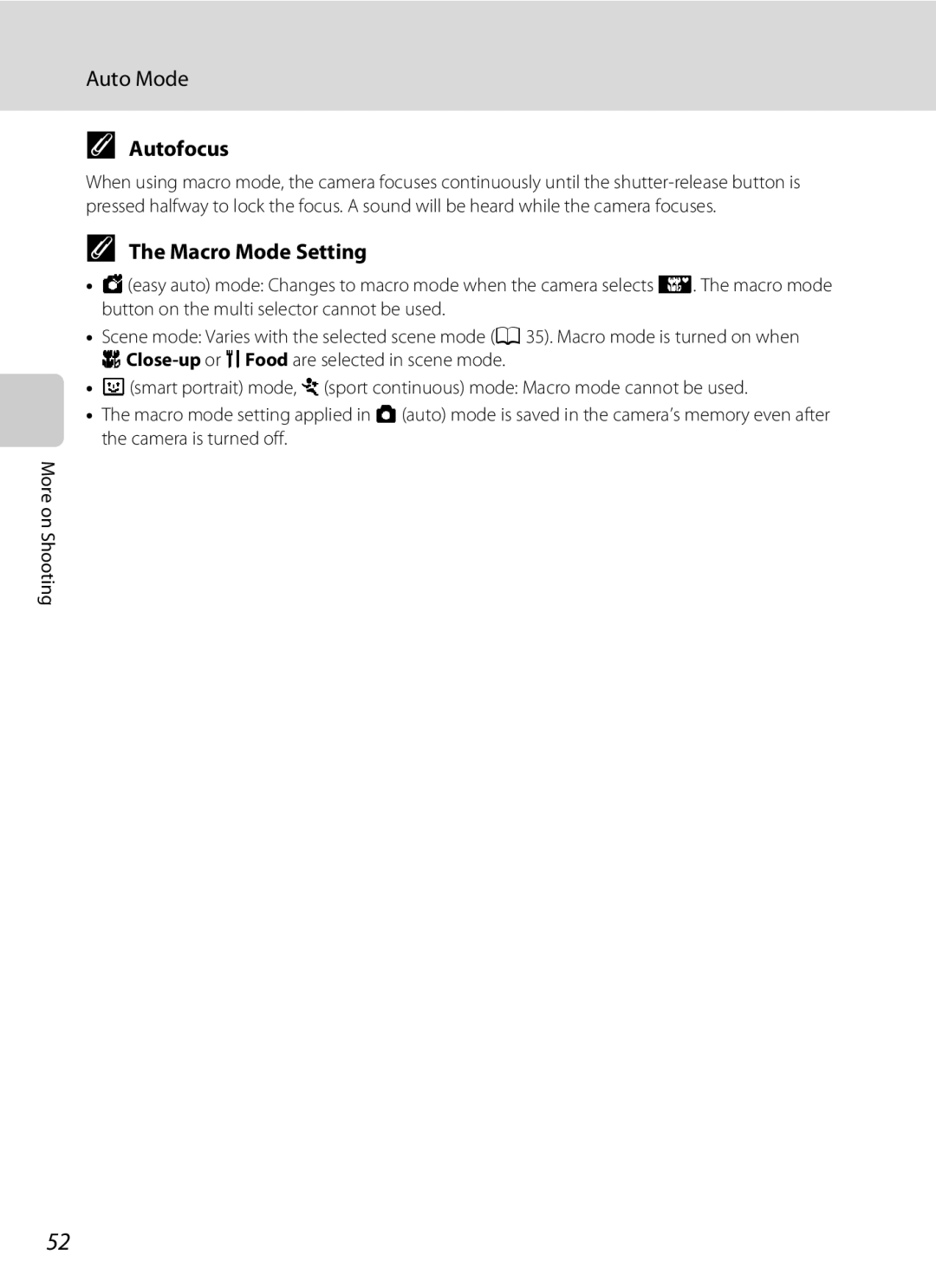 Nikon L310, 26331 user manual Autofocus, Macro Mode Setting 