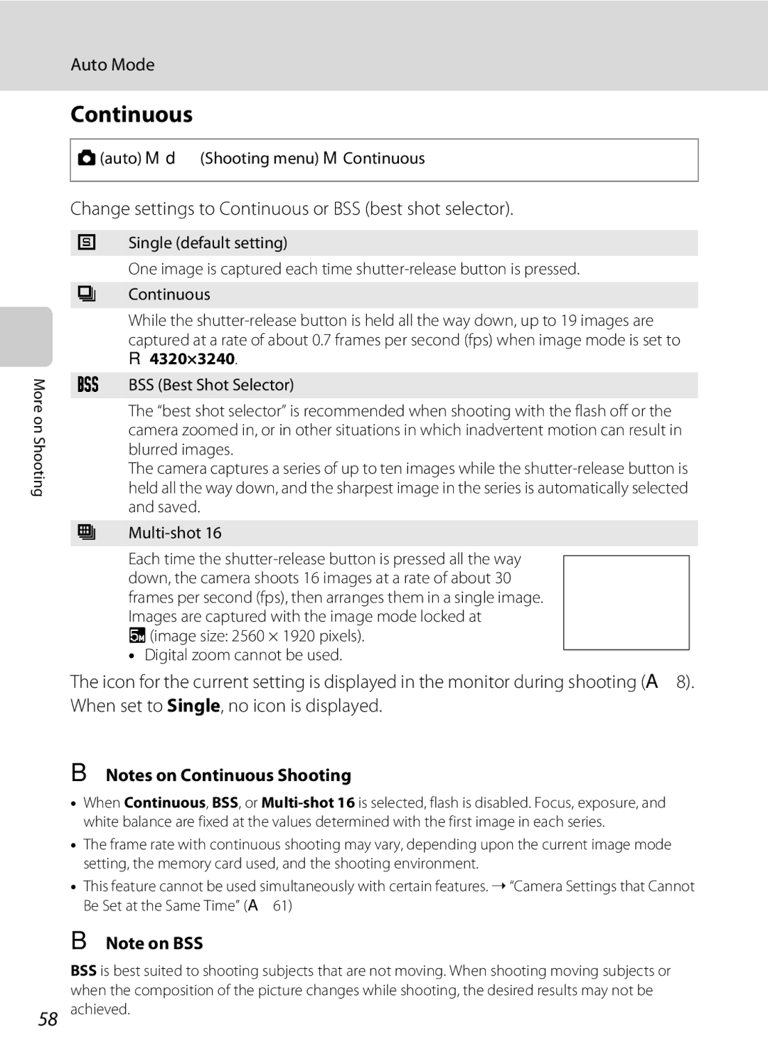 Nikon L310, 26331 Change settings to Continuous or BSS best shot selector, Aauto M dShooting menu M Continuous 
