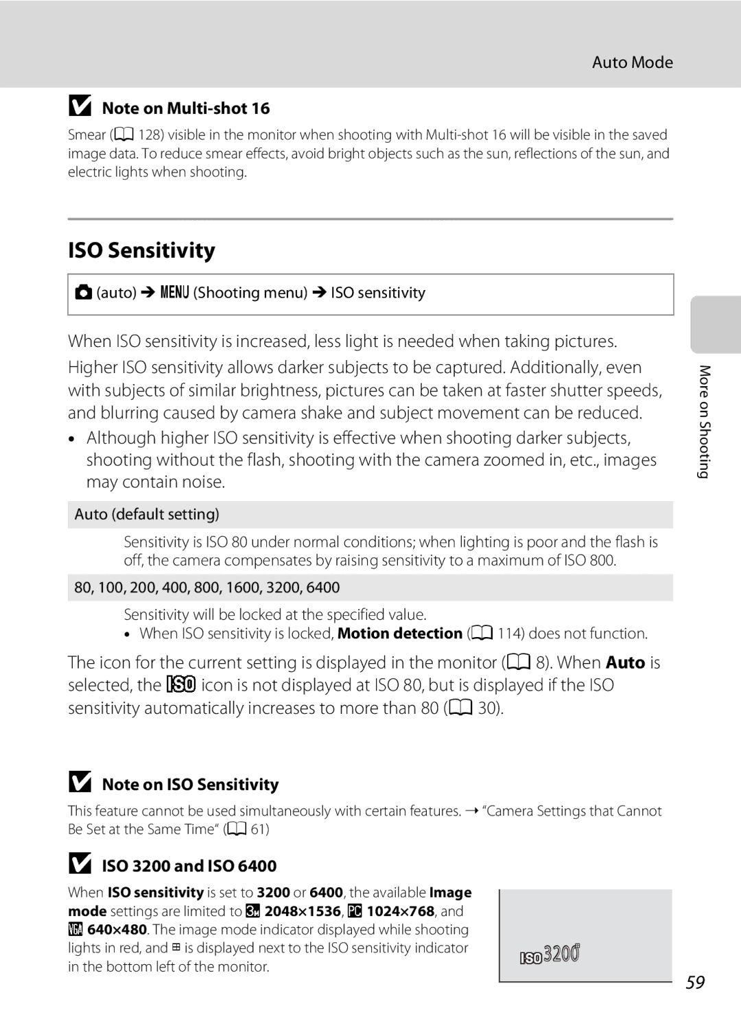 Nikon 26331, L310 ISO Sensitivity, ISO 3200 and ISO, Aauto M dShooting menu M ISO sensitivity, Auto default setting 