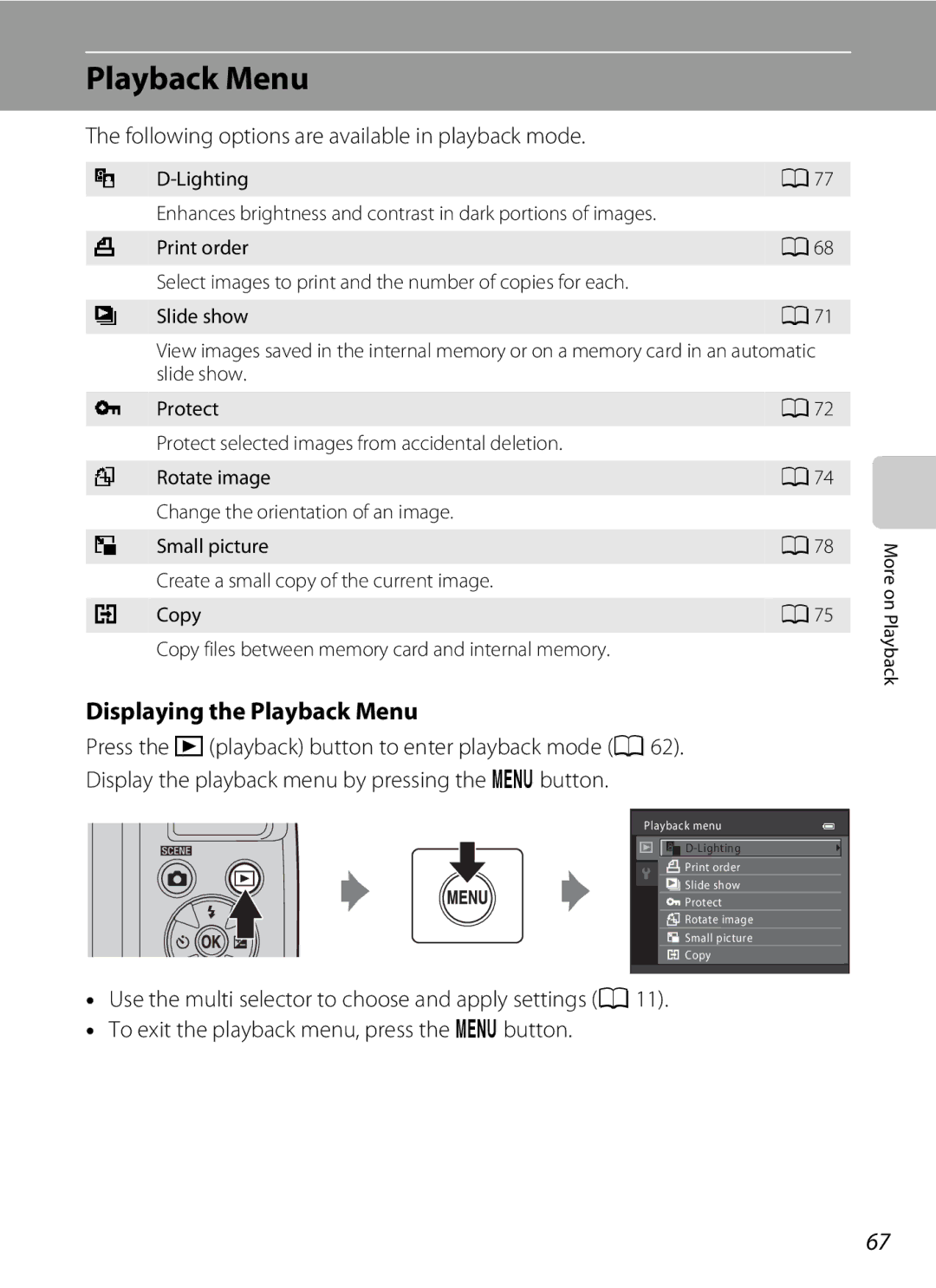 Nikon 26331, L310 user manual Displaying the Playback Menu, Following options are available in playback mode 