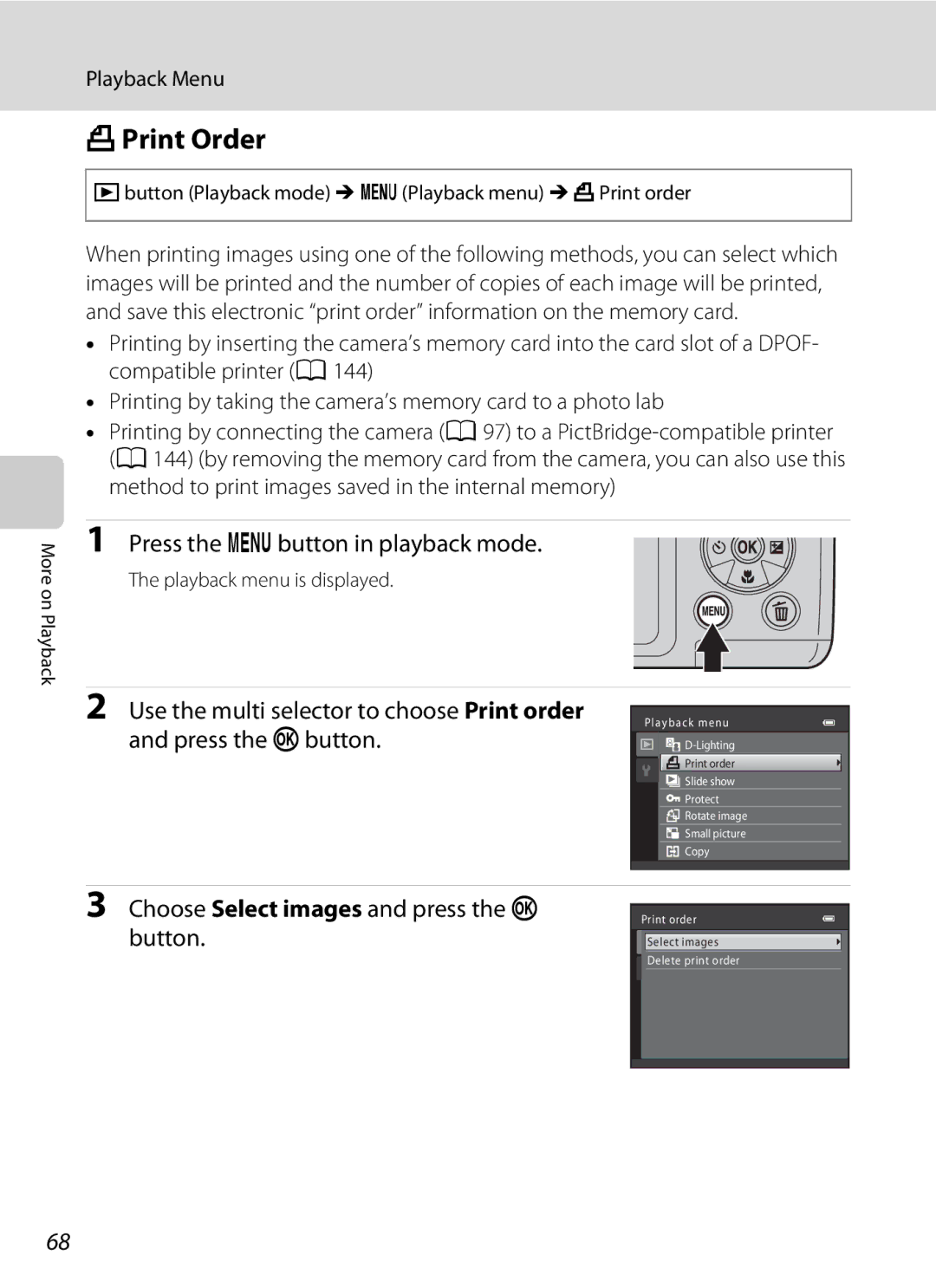 Nikon L310, 26331 APrint Order, Press the dbutton in playback mode, Choose Select images and press the k, Playback Menu 