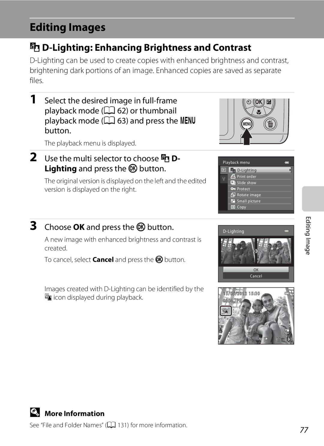 Nikon 26331, L310 user manual Editing Images, ID-Lighting Enhancing Brightness and Contrast, Choose OK and press the kbutton 