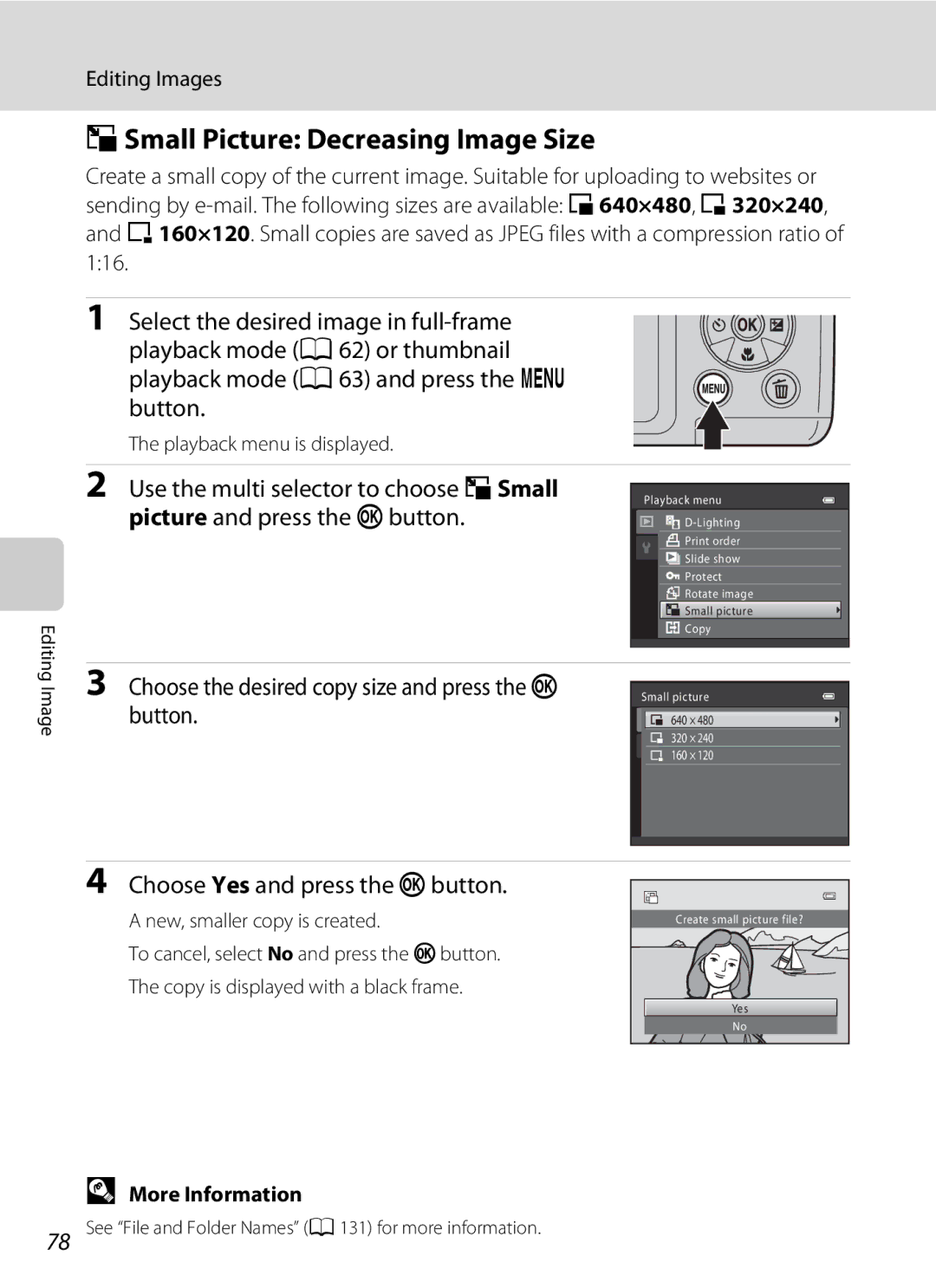 Nikon L310, 26331 user manual GSmall Picture Decreasing Image Size, Choose Yes and press the kbutton, Editing Images 