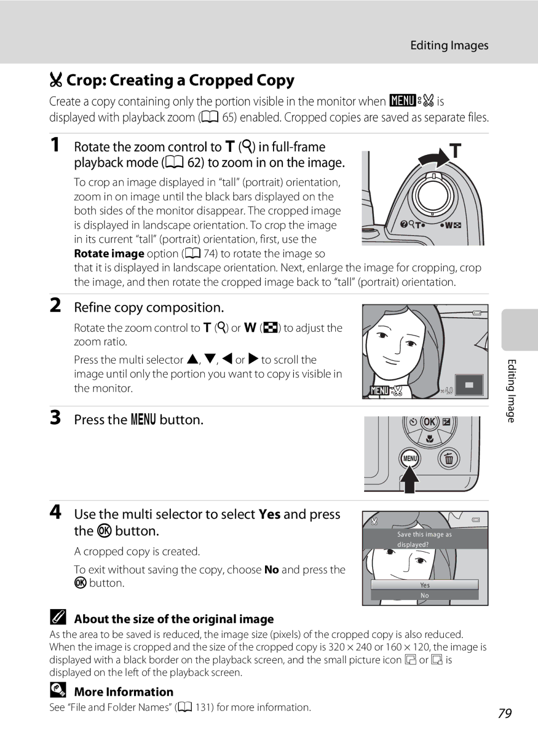 Nikon 26331, L310 user manual OCrop Creating a Cropped Copy, Refine copy composition, About the size of the original image 