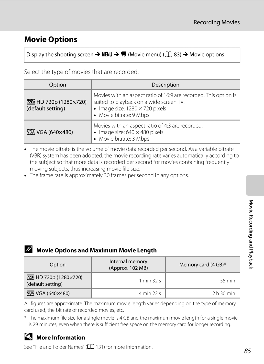 Nikon 26331, L310 user manual Select the type of movies that are recorded, Movie Options and Maximum Movie Length 