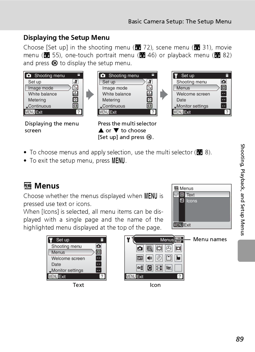 Nikon L5 manual Menus, Displaying the Setup Menu, Basic Camera Setup The Setup Menu, Displaying the menu 