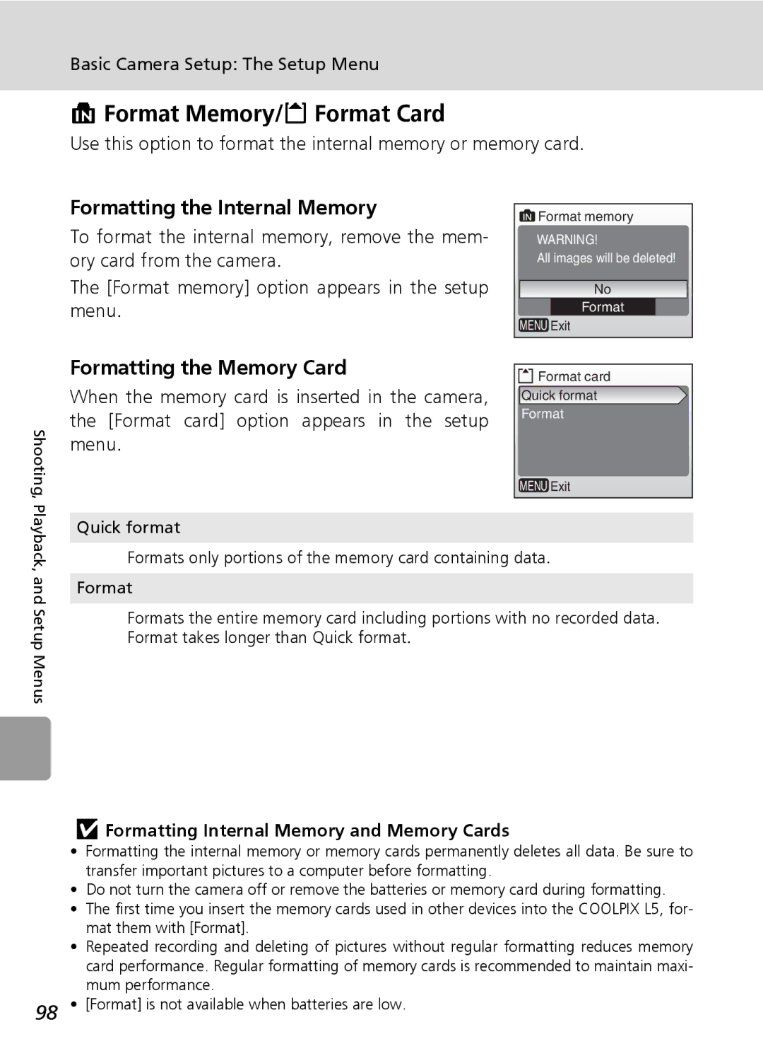 Nikon L5 manual Format Memory/O Format Card, Formatting the Internal Memory, Formatting the Memory Card 