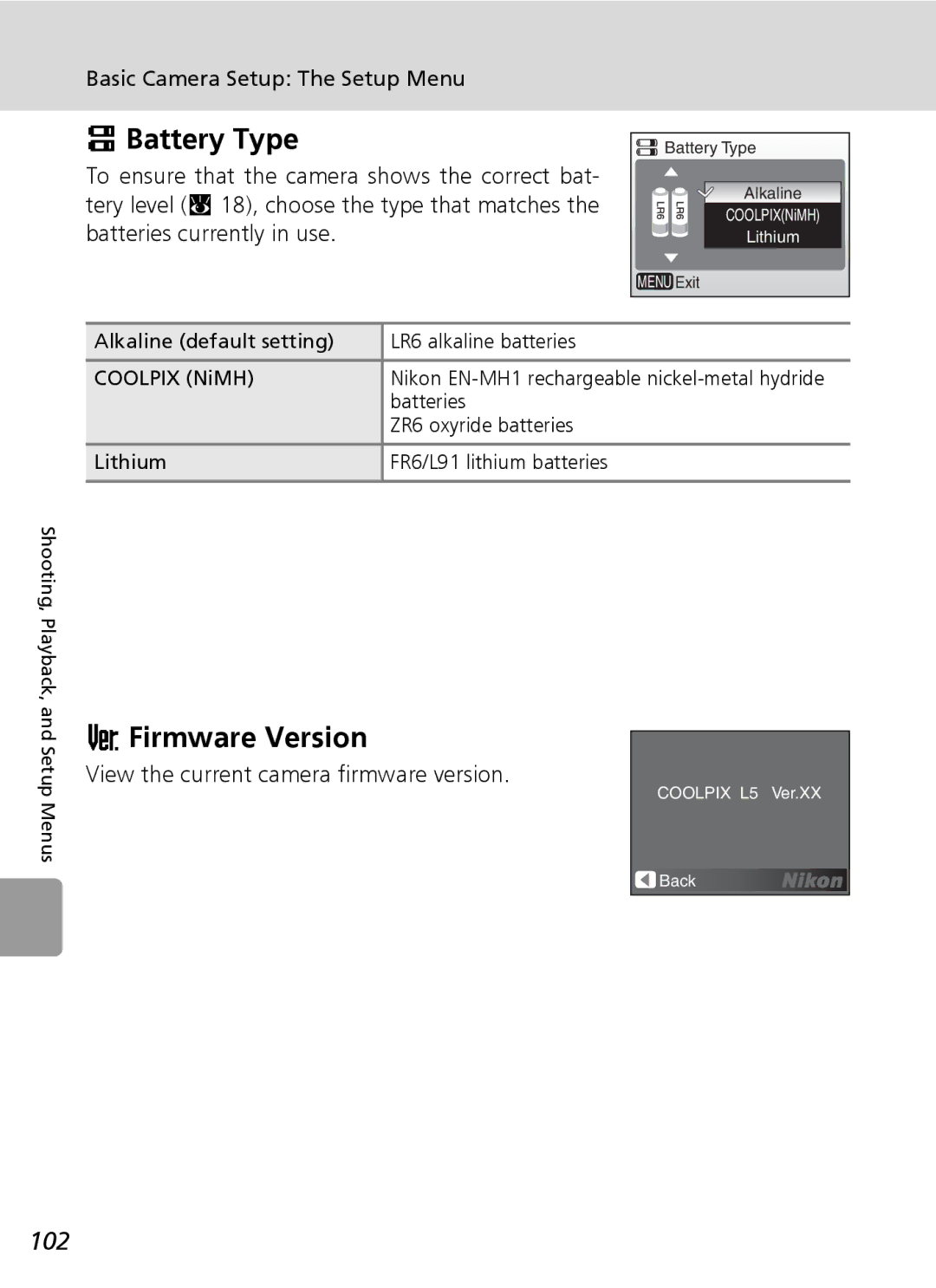 Nikon L5 manual Battery Type, Firmware Version, 102, View the current camera firmware version 