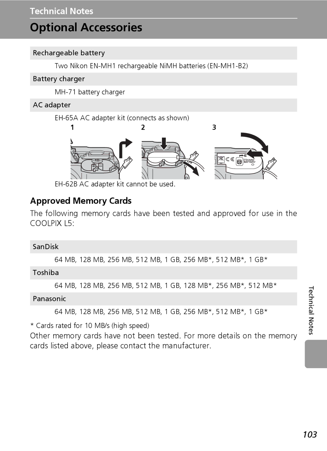 Nikon L5 manual Optional Accessories, Approved Memory Cards, 103, EH-62B AC adapter kit cannot be used 