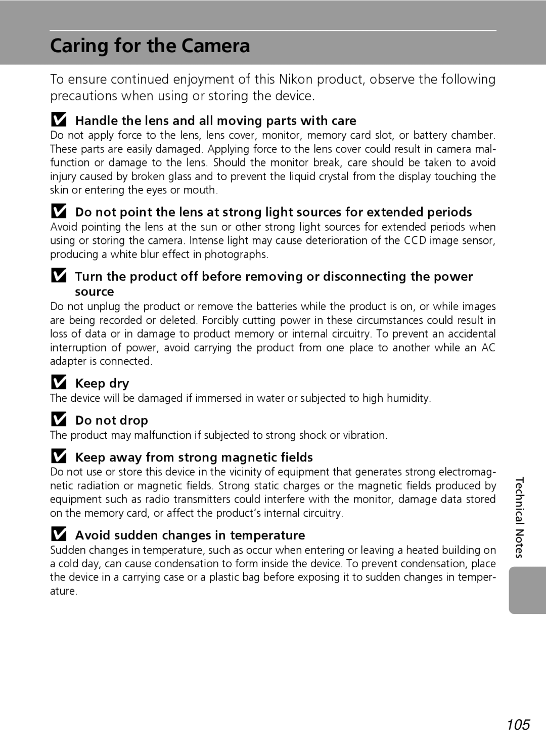 Nikon L5 manual Caring for the Camera, 105 