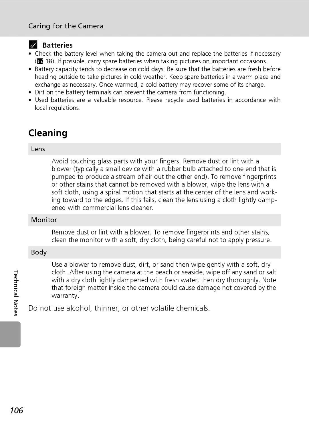 Nikon L5 manual Cleaning, 106, Caring for the Camera, Batteries, Do not use alcohol, thinner, or other volatile chemicals 