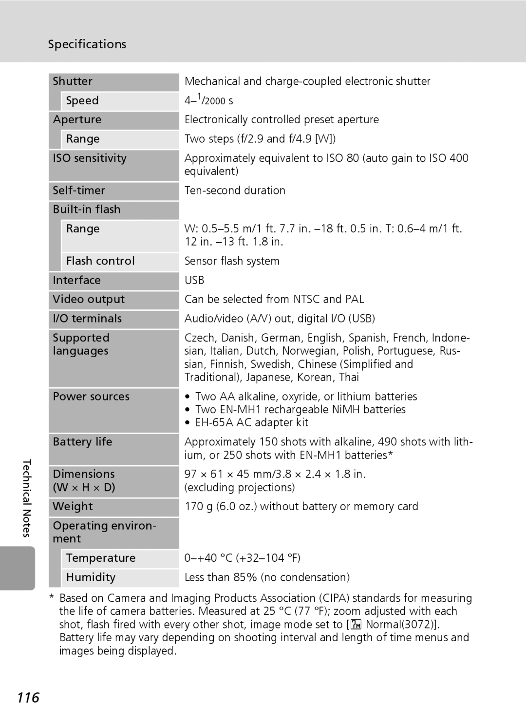 Nikon L5 manual 116, Specifications 