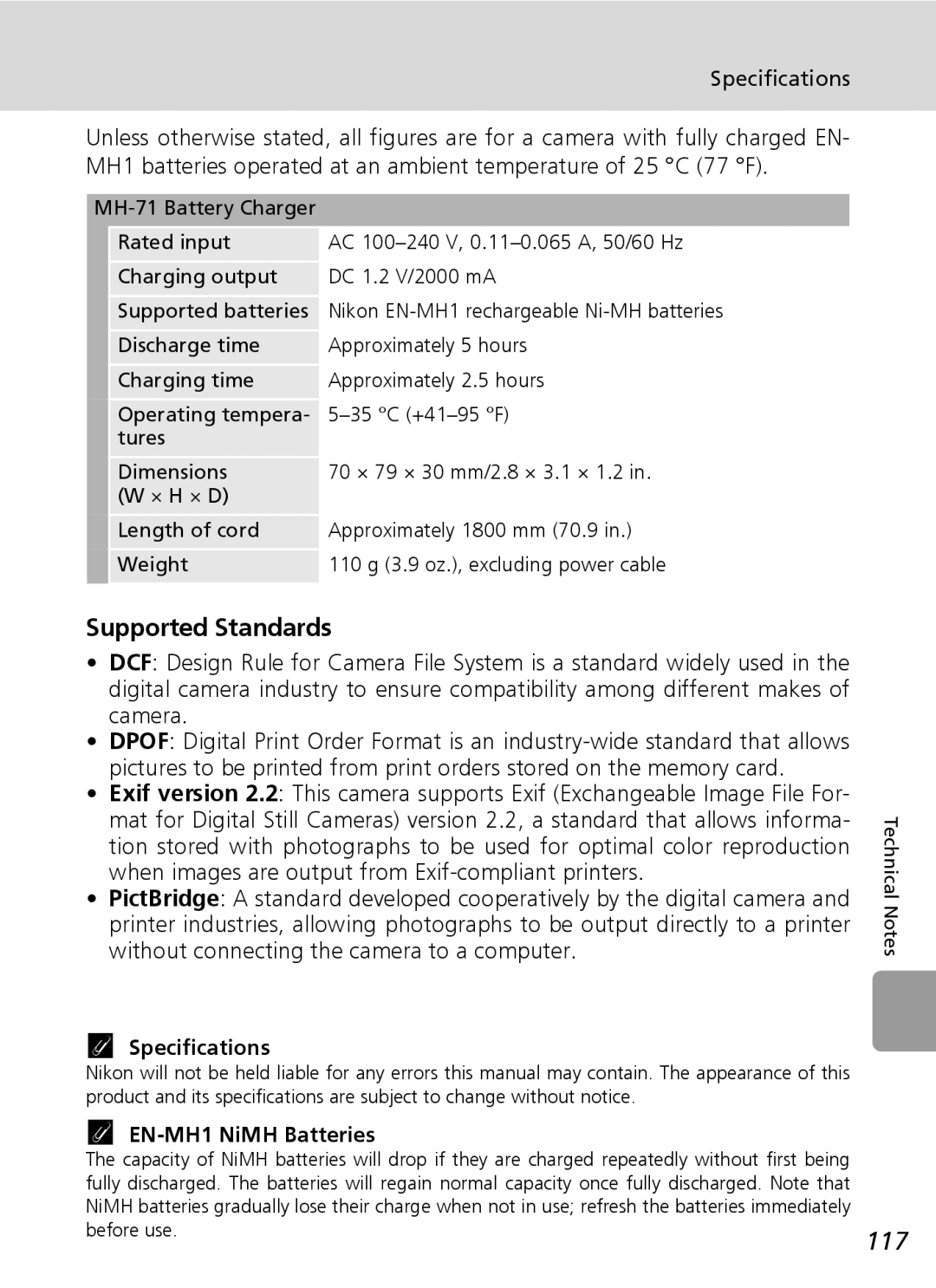 Nikon L5 manual Supported Standards, 117, Specifications, EN-MH1 NiMH Batteries 