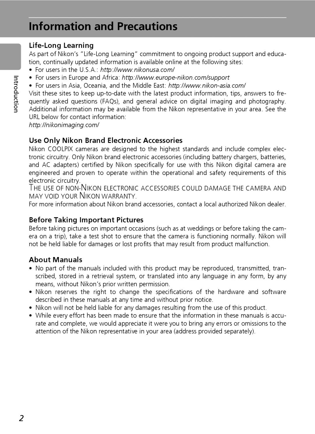 Nikon L5 manual Information and Precautions, Life-Long Learning, Use Only Nikon Brand Electronic Accessories, About Manuals 