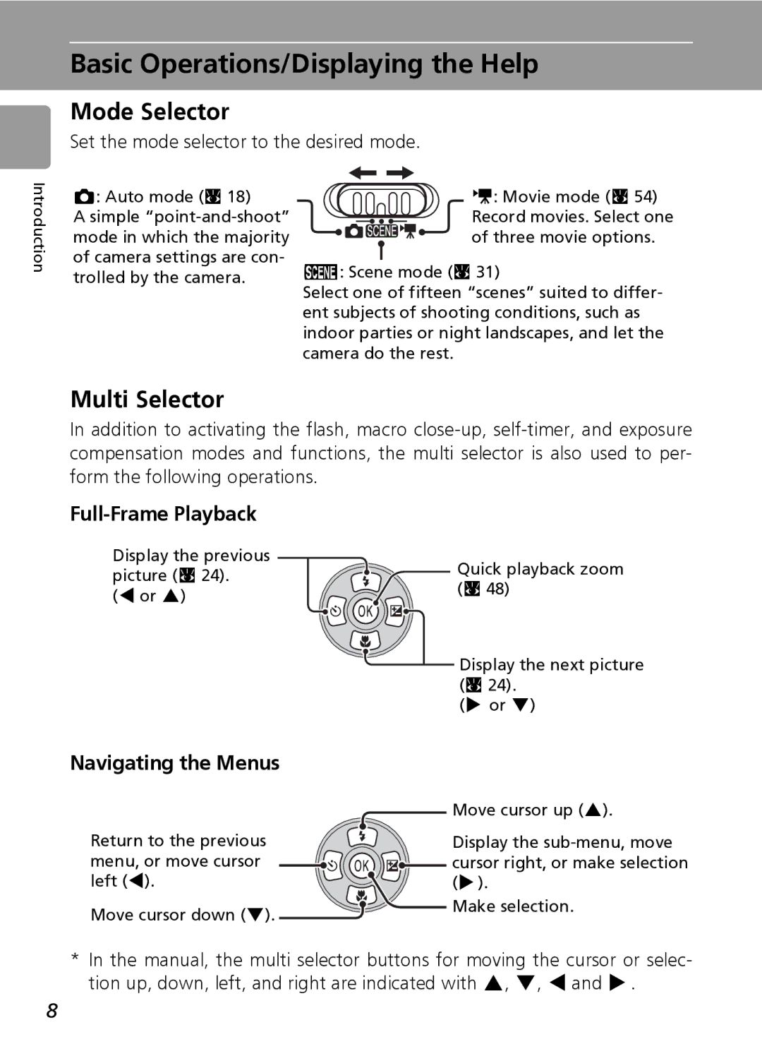 Nikon L5 Basic Operations/Displaying the Help, Mode Selector, Multi Selector, Full-Frame Playback, Navigating the Menus 