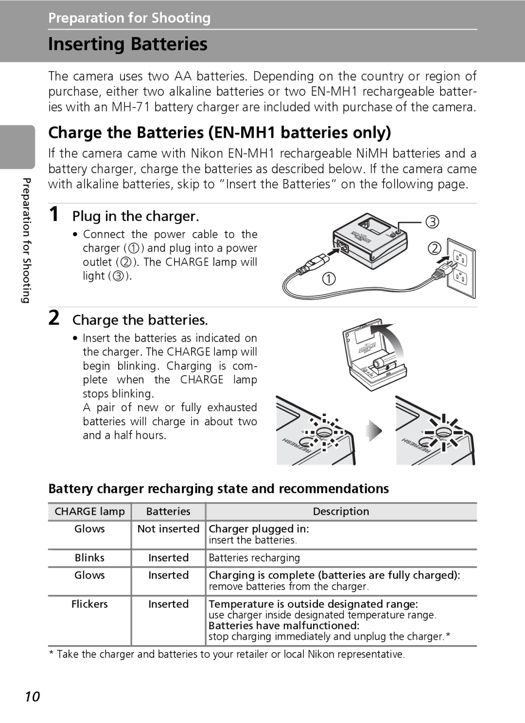 Nikon L5 manual Inserting Batteries, Charge the Batteries EN-MH1 batteries only, Plug in the charger, Charge the batteries 