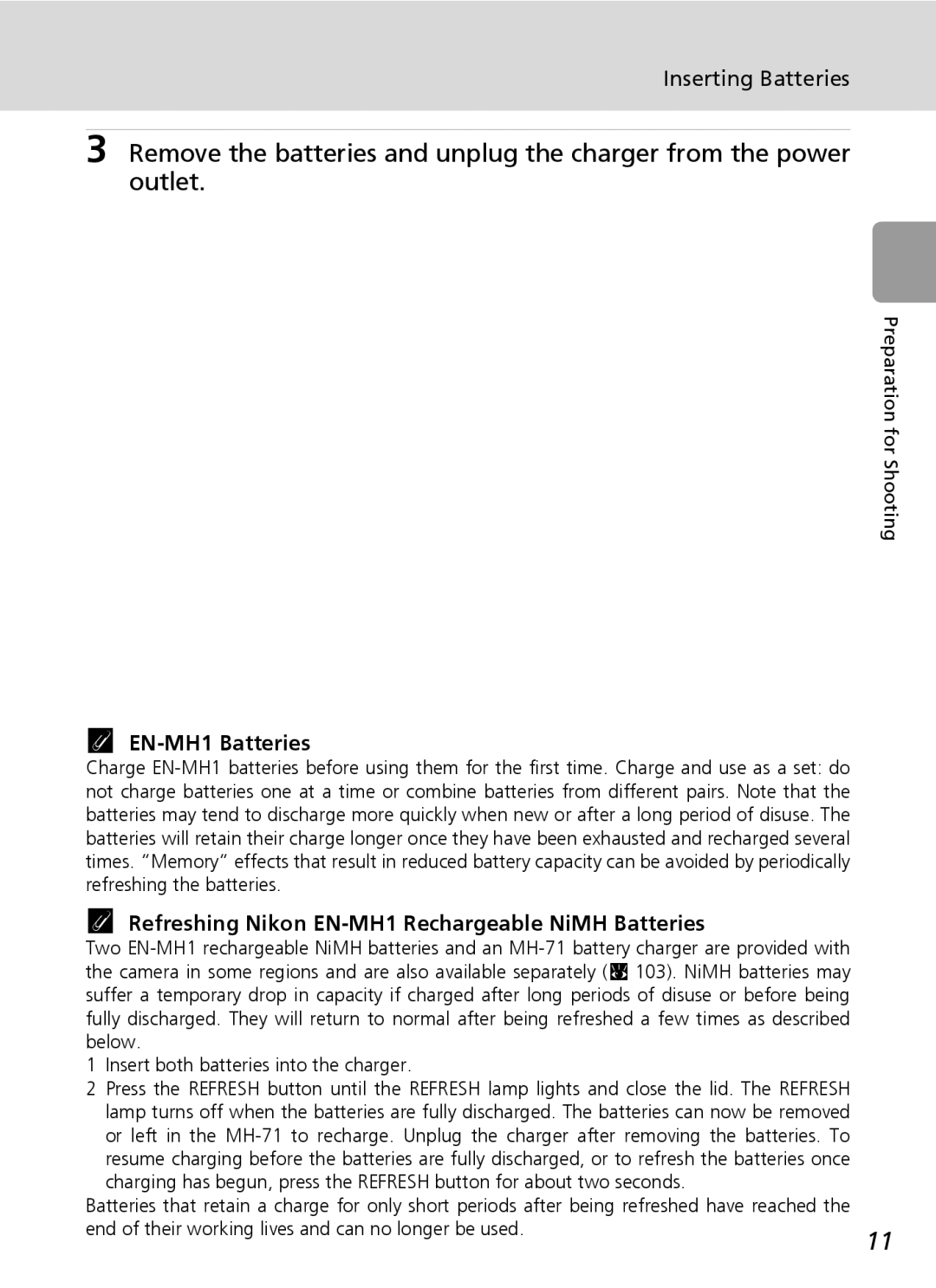Nikon L5 manual Inserting Batteries, EN-MH1 Batteries, Refreshing Nikon EN-MH1 Rechargeable NiMH Batteries 