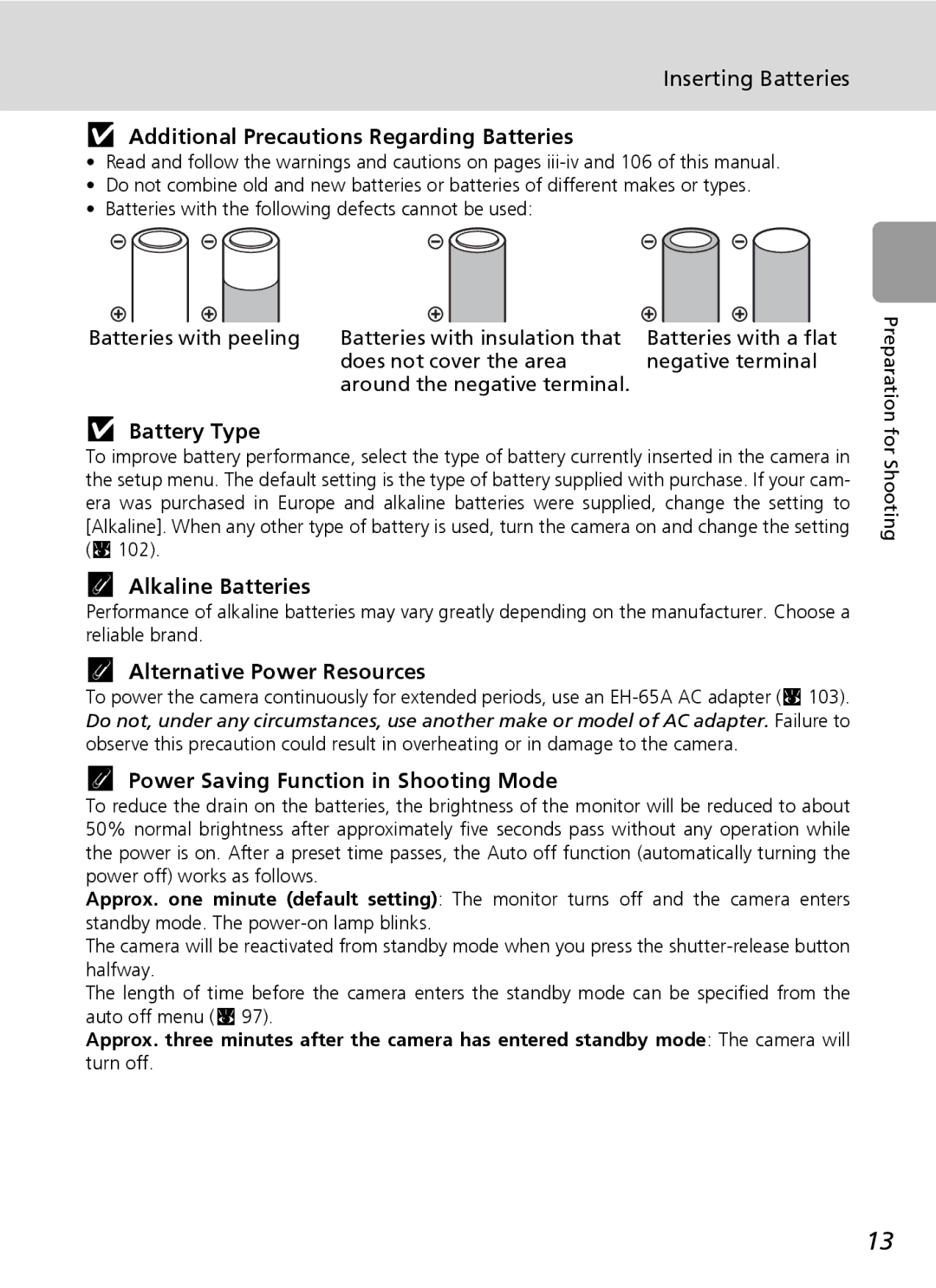 Nikon L5 manual Additional Precautions Regarding Batteries, Battery Type, Alkaline Batteries, Alternative Power Resources 