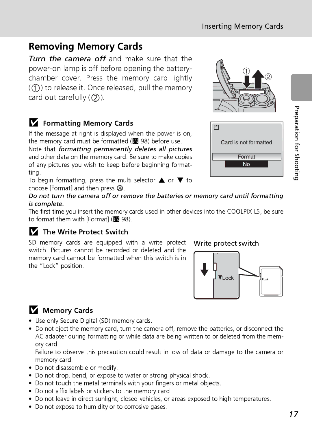 Nikon L5 manual Removing Memory Cards, Formatting Memory Cards, Write Protect Switch 