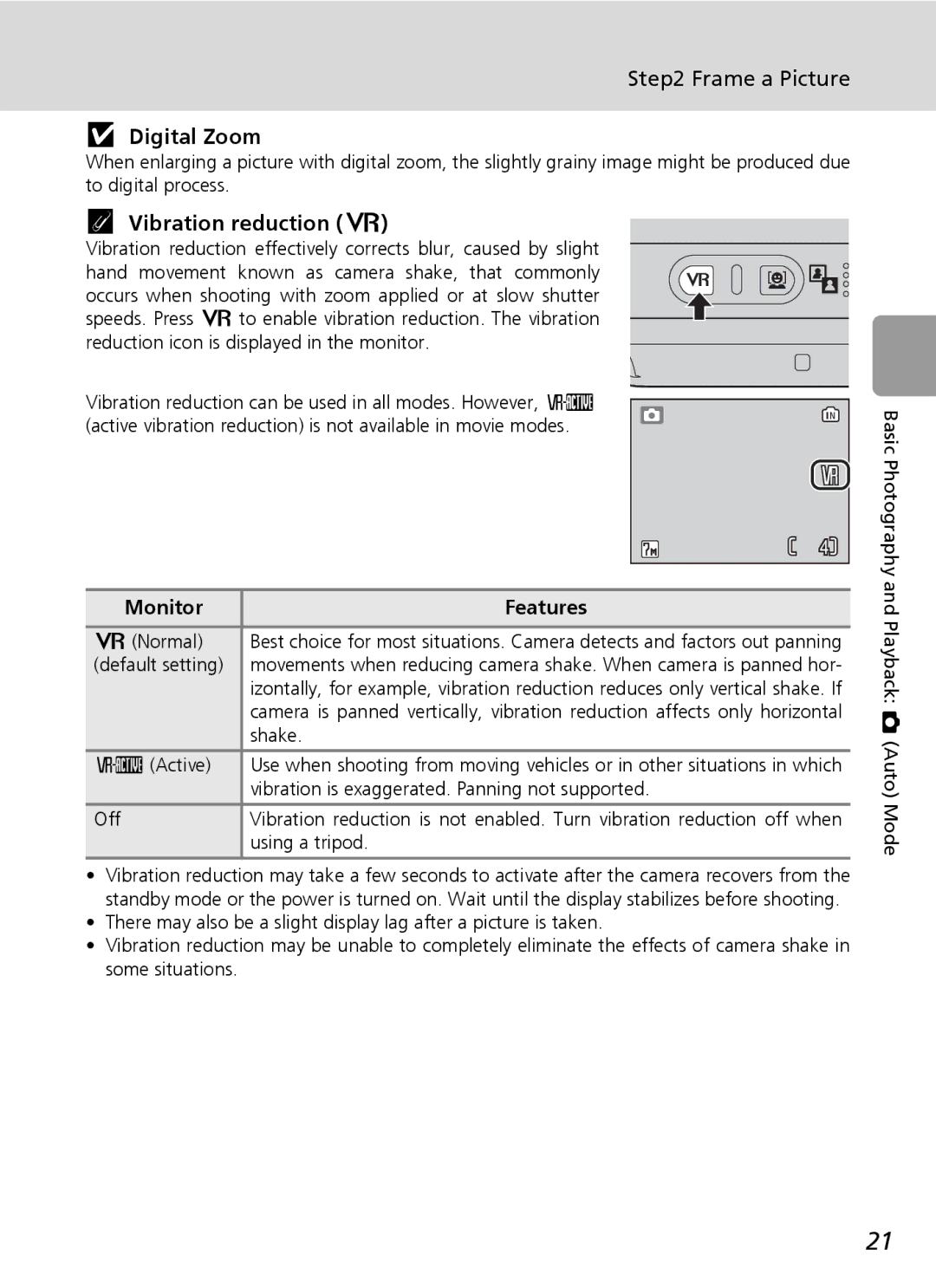 Nikon L5 manual Frame a Picture, Digital Zoom, Vibration reduction K 