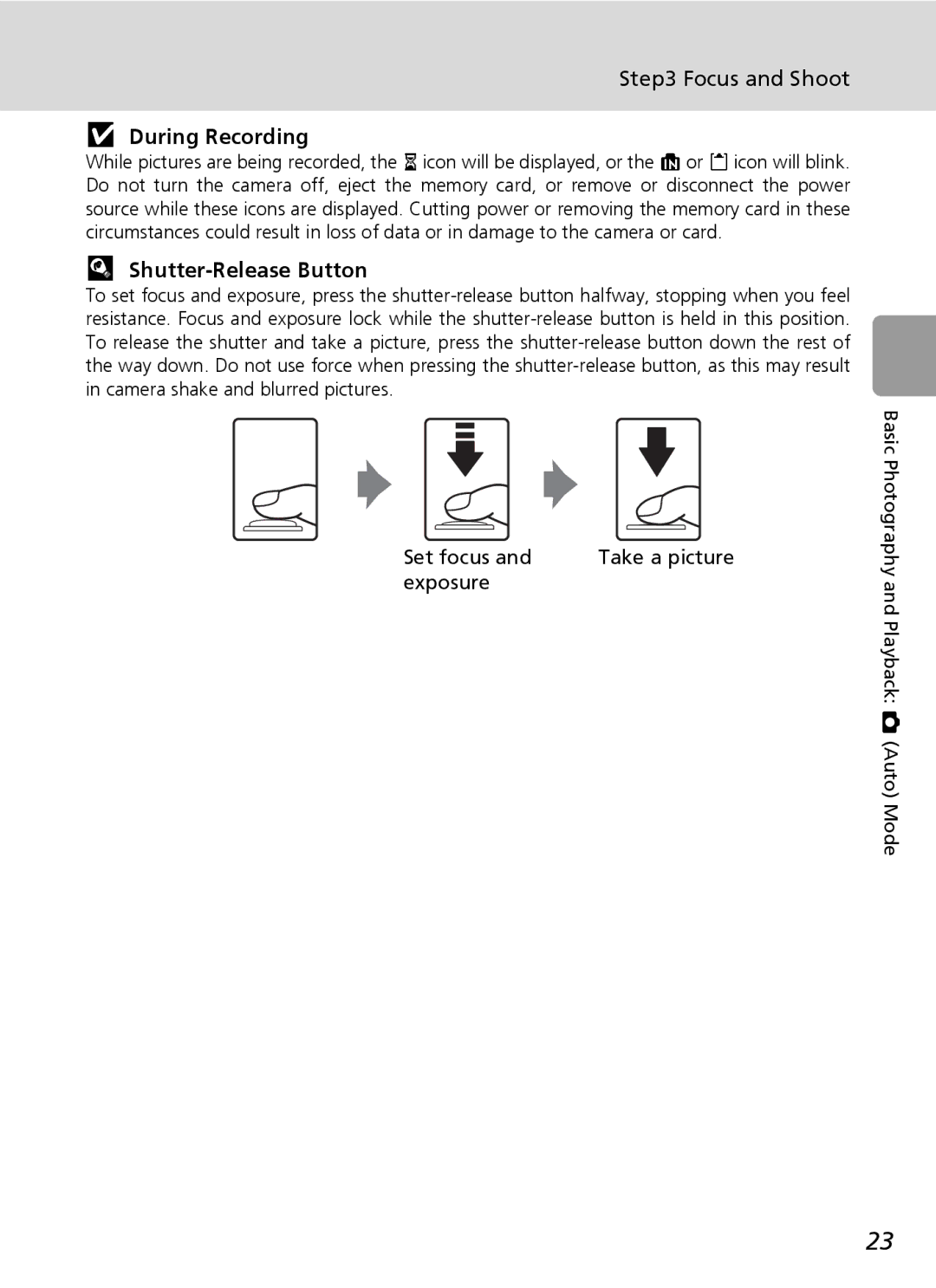 Nikon L5 manual Focus and Shoot, During Recording, Shutter-Release Button, Set focus, Exposure 