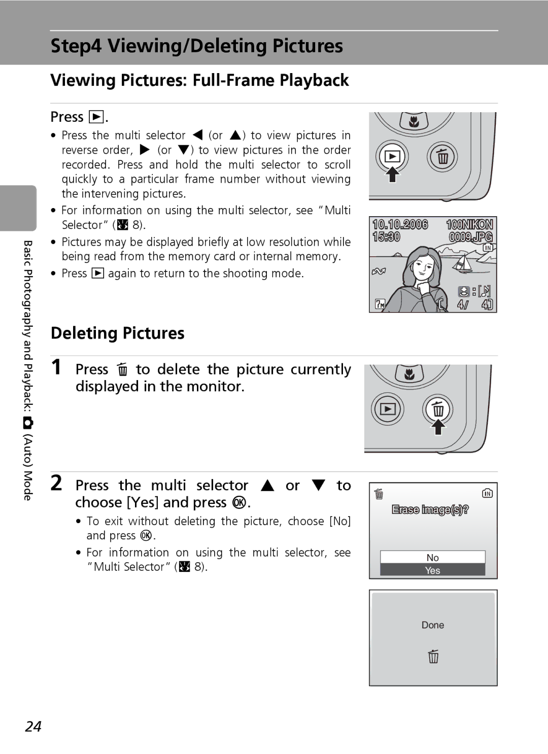 Nikon L5 manual Viewing/Deleting Pictures, Viewing Pictures Full-Frame Playback, Press 