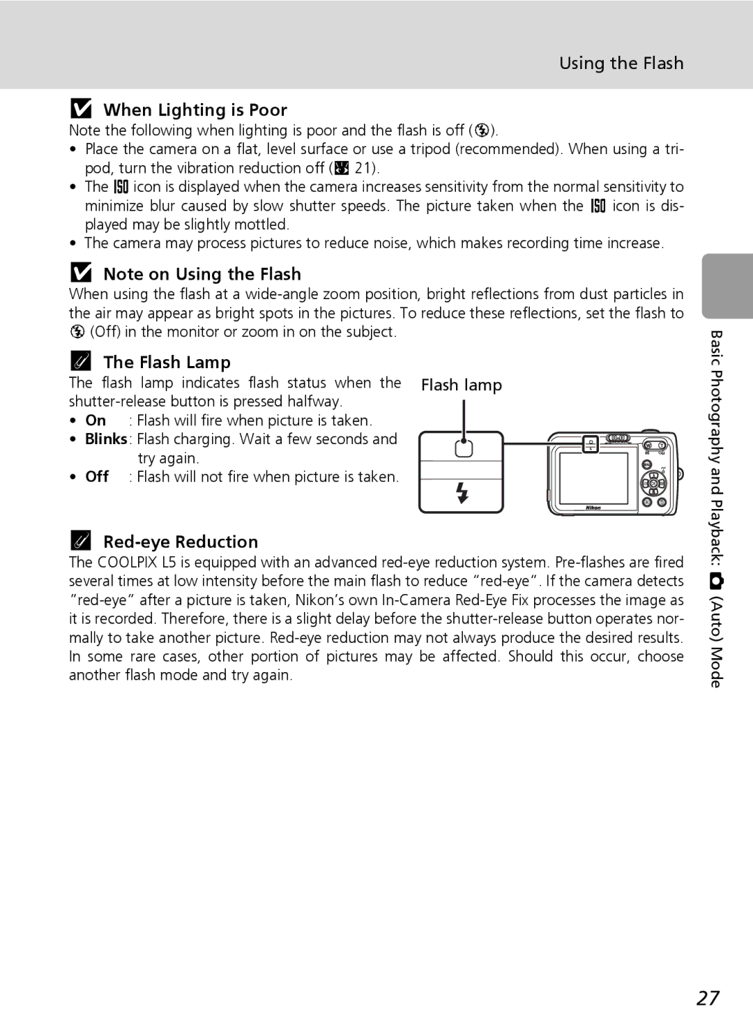 Nikon L5 manual Using the Flash, When Lighting is Poor, Flash Lamp, Red-eye Reduction 