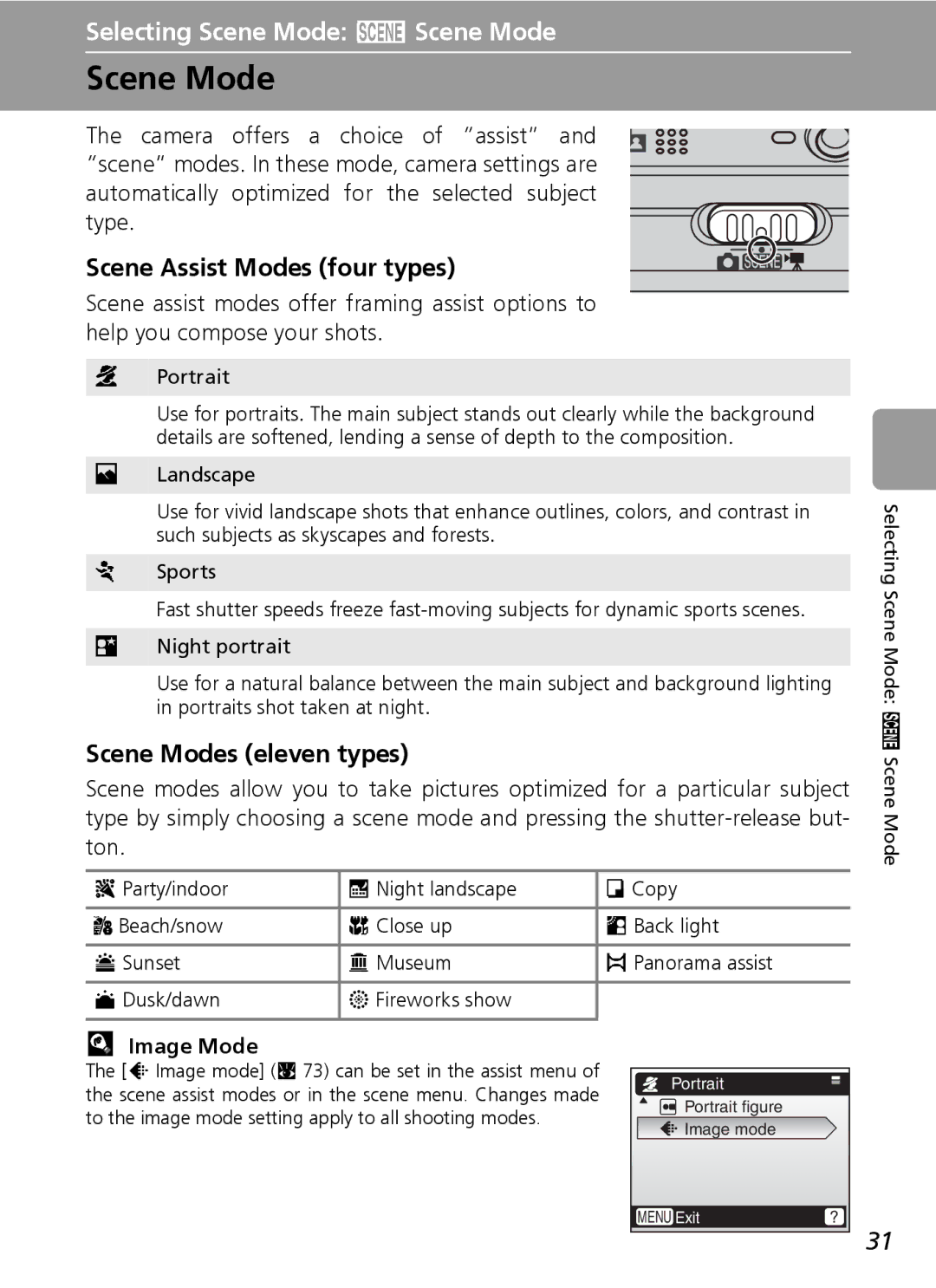 Nikon L5 manual Scene Assist Modes four types, Scene Modes eleven types, Image Mode, Portrait 