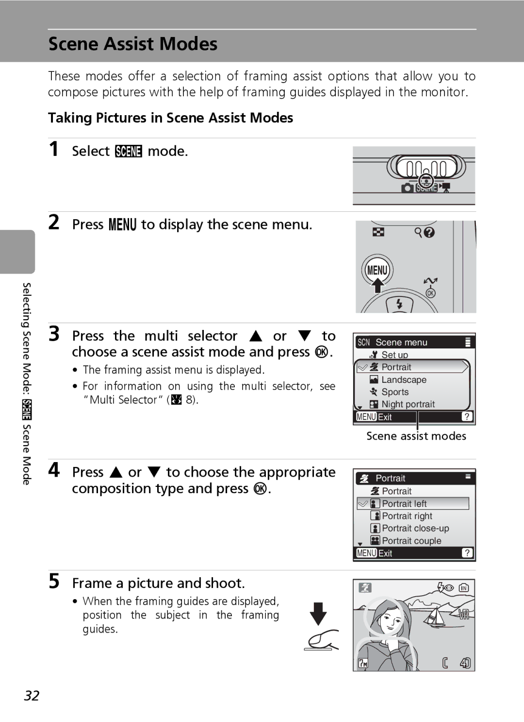 Nikon L5 Taking Pictures in Scene Assist Modes, Select b mode Press m to display the scene menu, Scene assist modes 