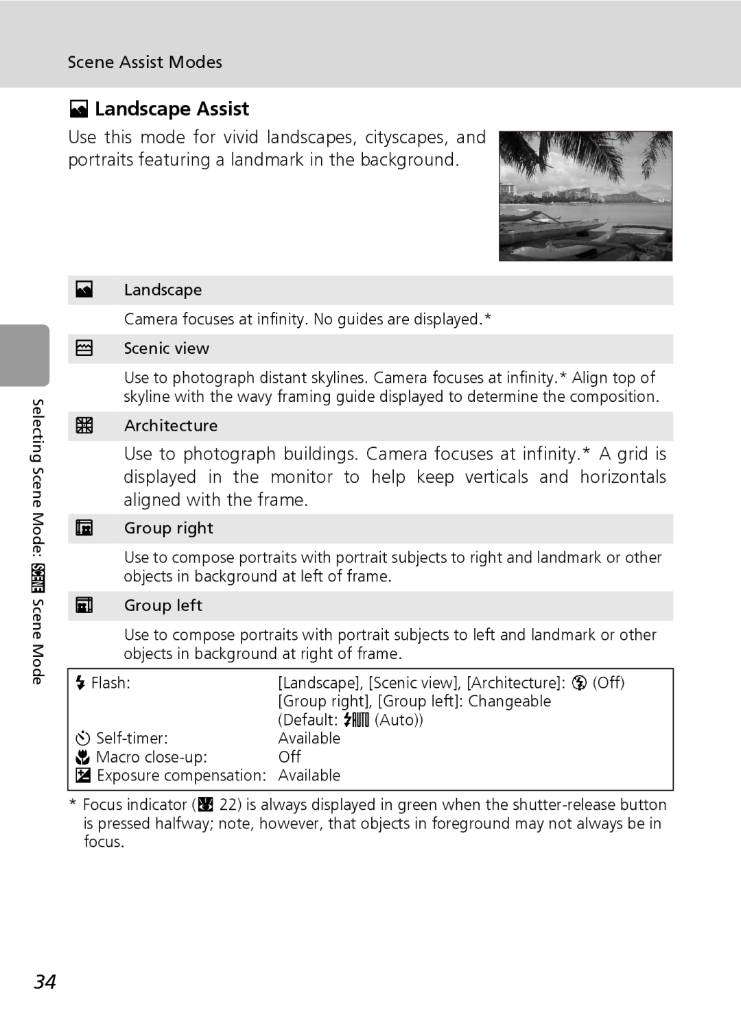 Nikon L5 manual Landscape Assist, Architecture, Group right, Group left Changeable, Default z Auto 