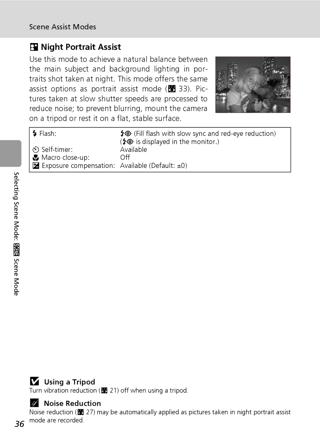Nikon L5 manual Night Portrait Assist, Using a Tripod, Noise Reduction 