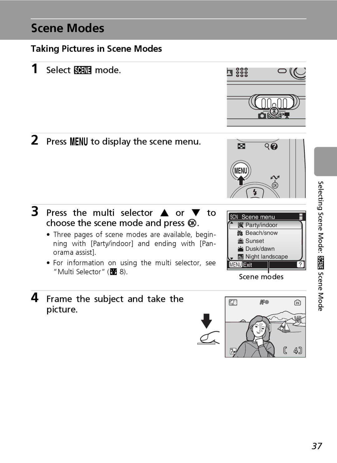 Nikon L5 manual Taking Pictures in Scene Modes, Frame the subject and take the picture, Scene modes 