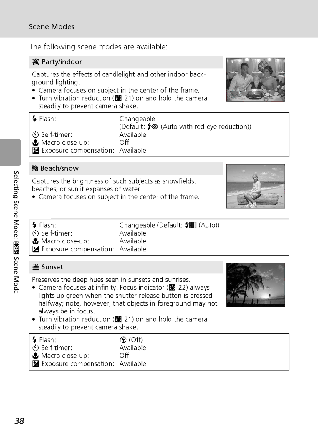 Nikon L5 manual Scene Modes, Following scene modes are available 