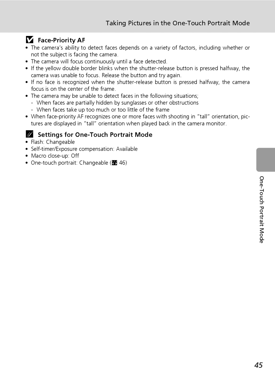 Nikon L5 manual Taking Pictures in the One-Touch Portrait Mode, Face-Priority AF, Settings for One-Touch Portrait Mode 