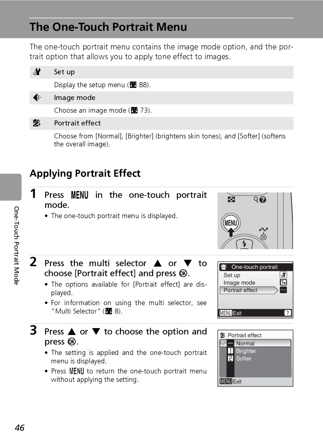 Nikon L5 manual One-Touch Portrait Menu, Applying Portrait Effect, Press m in the one-touch portrait mode 