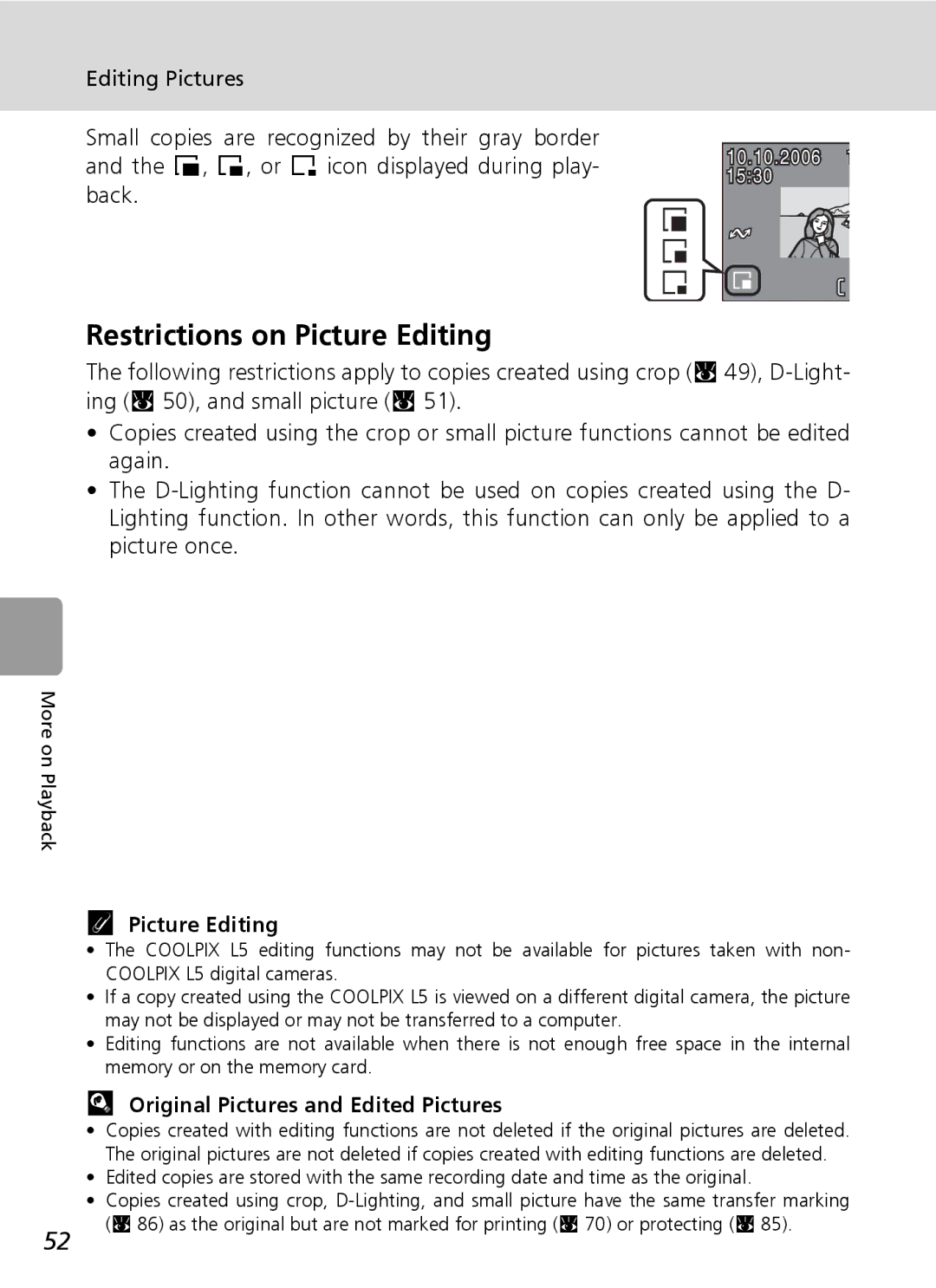 Nikon L5 manual Restrictions on Picture Editing, Original Pictures and Edited Pictures 