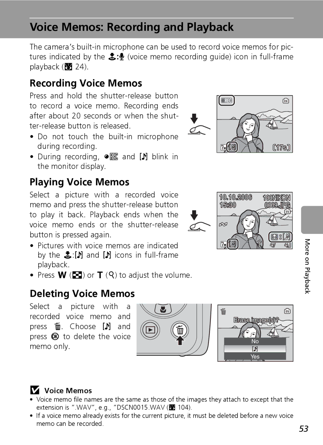 Nikon L5 manual Voice Memos Recording and Playback, Recording Voice Memos, Playing Voice Memos, Deleting Voice Memos 