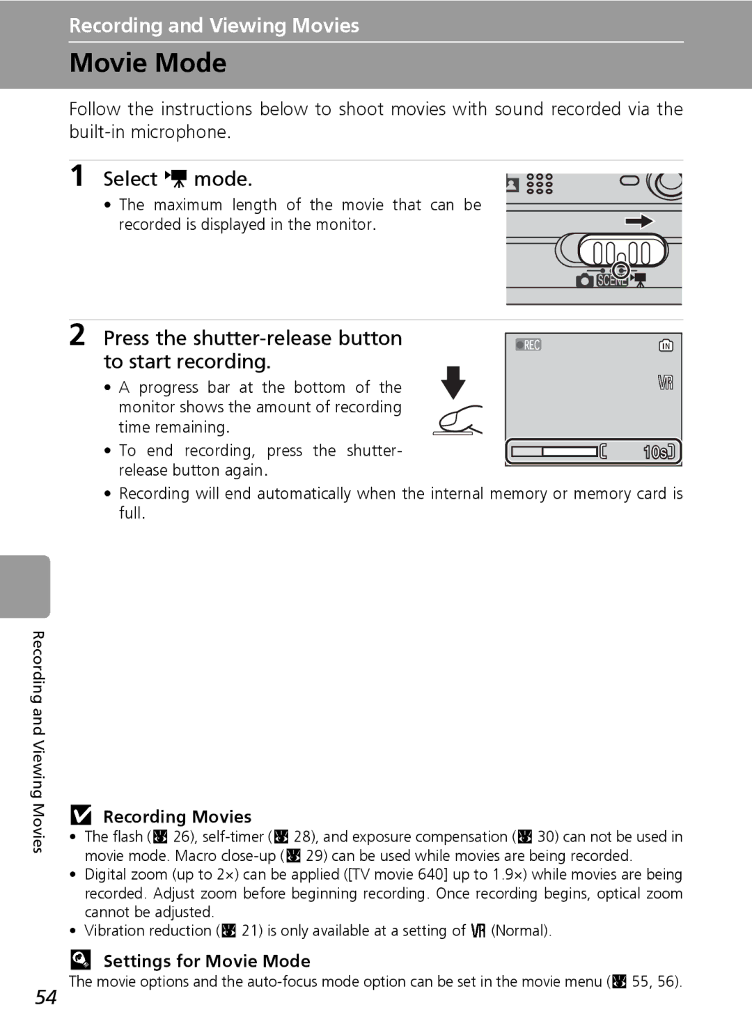 Nikon L5 manual Movie Mode, Select T mode, Press the shutter-release button to start recording, Recording Movies 