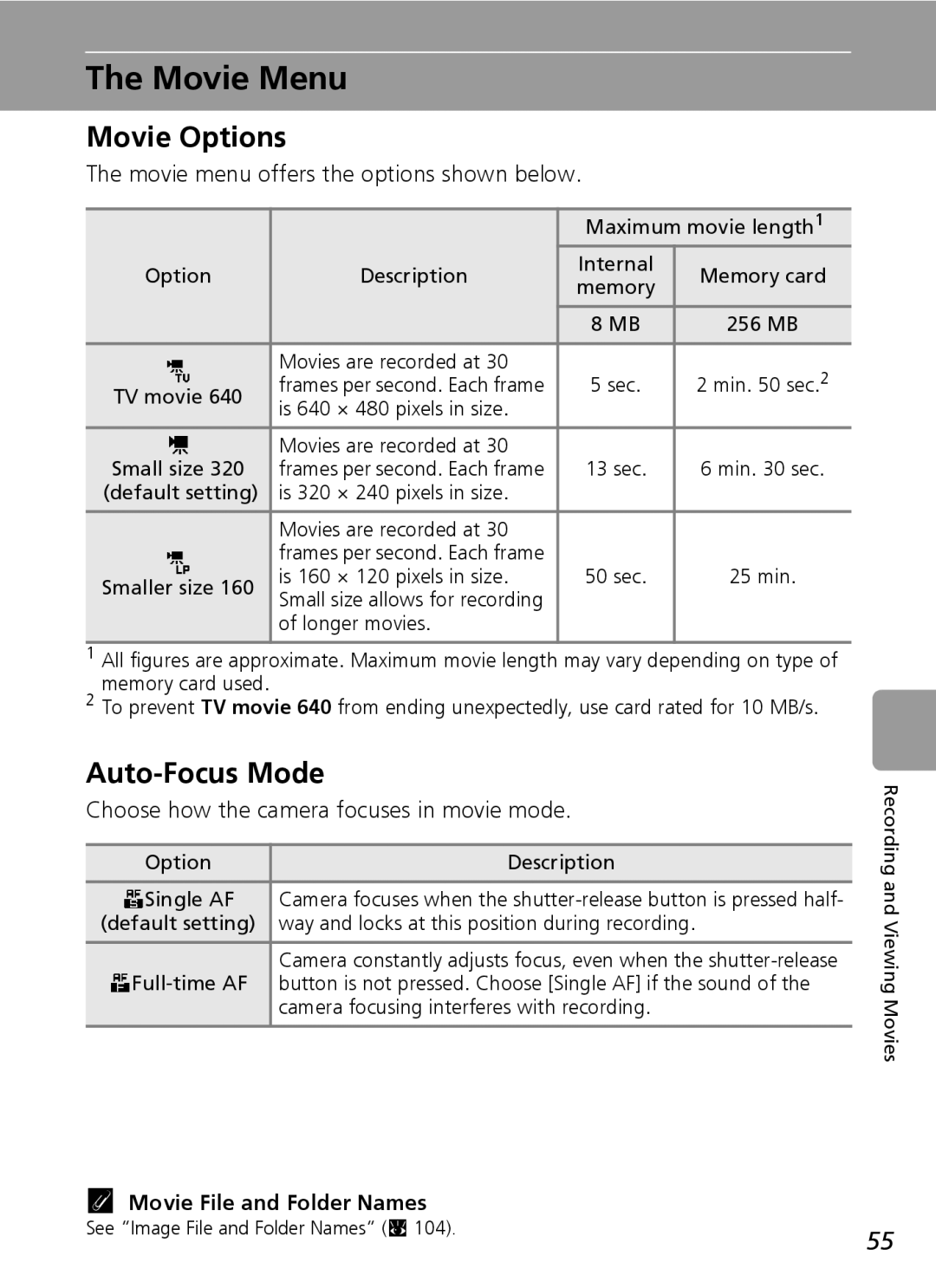 Nikon L5 manual Movie Menu, Movie Options, Auto-Focus Mode, Movie File and Folder Names 