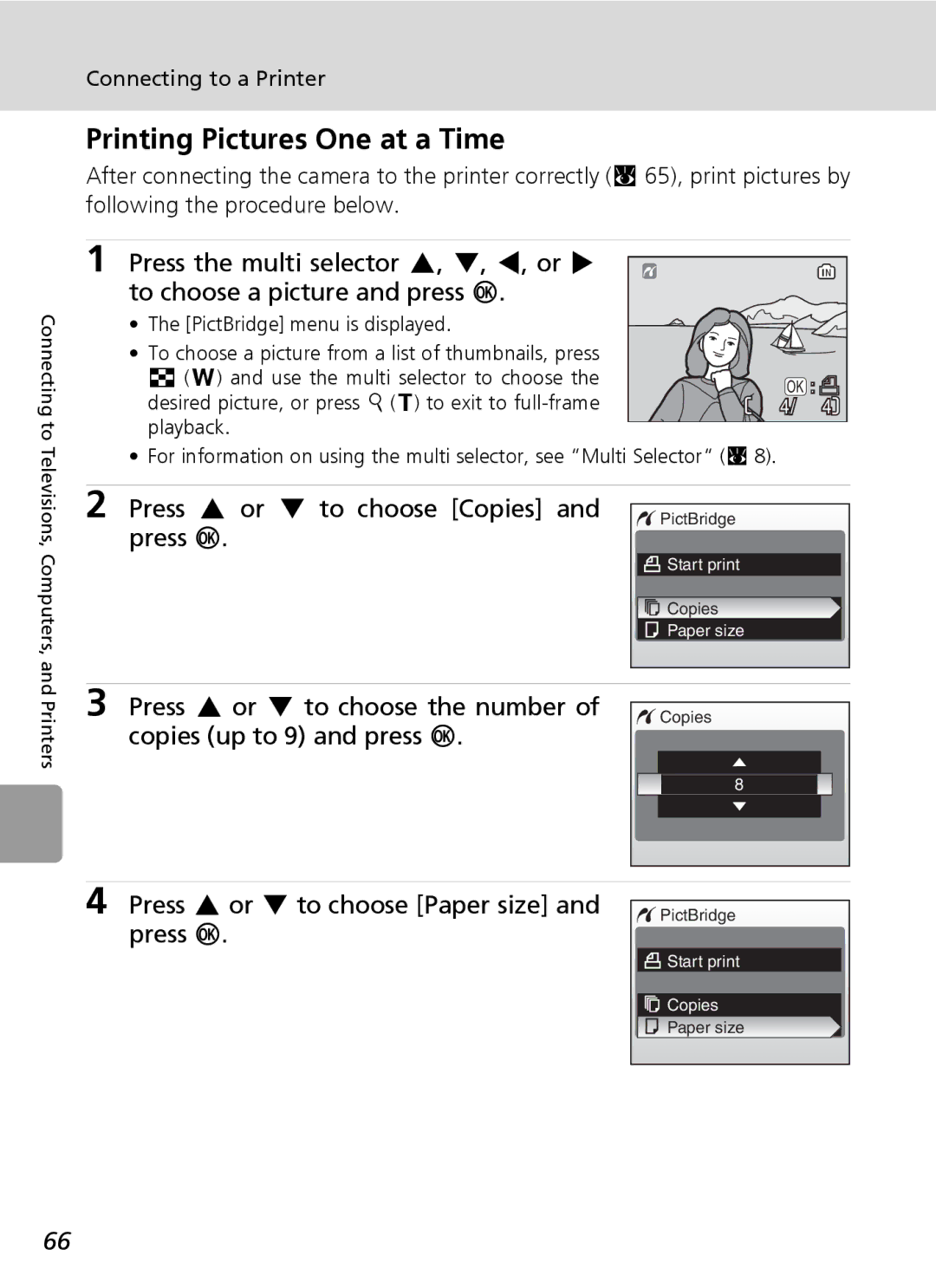 Nikon L5 manual Printing Pictures One at a Time, Press G or H to choose Copies and press d, PictBridge menu is displayed 