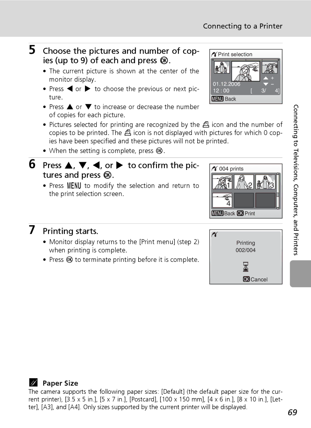 Nikon L5 manual Paper Size, Monitor display returns to the Print menu step, When printing is complete 