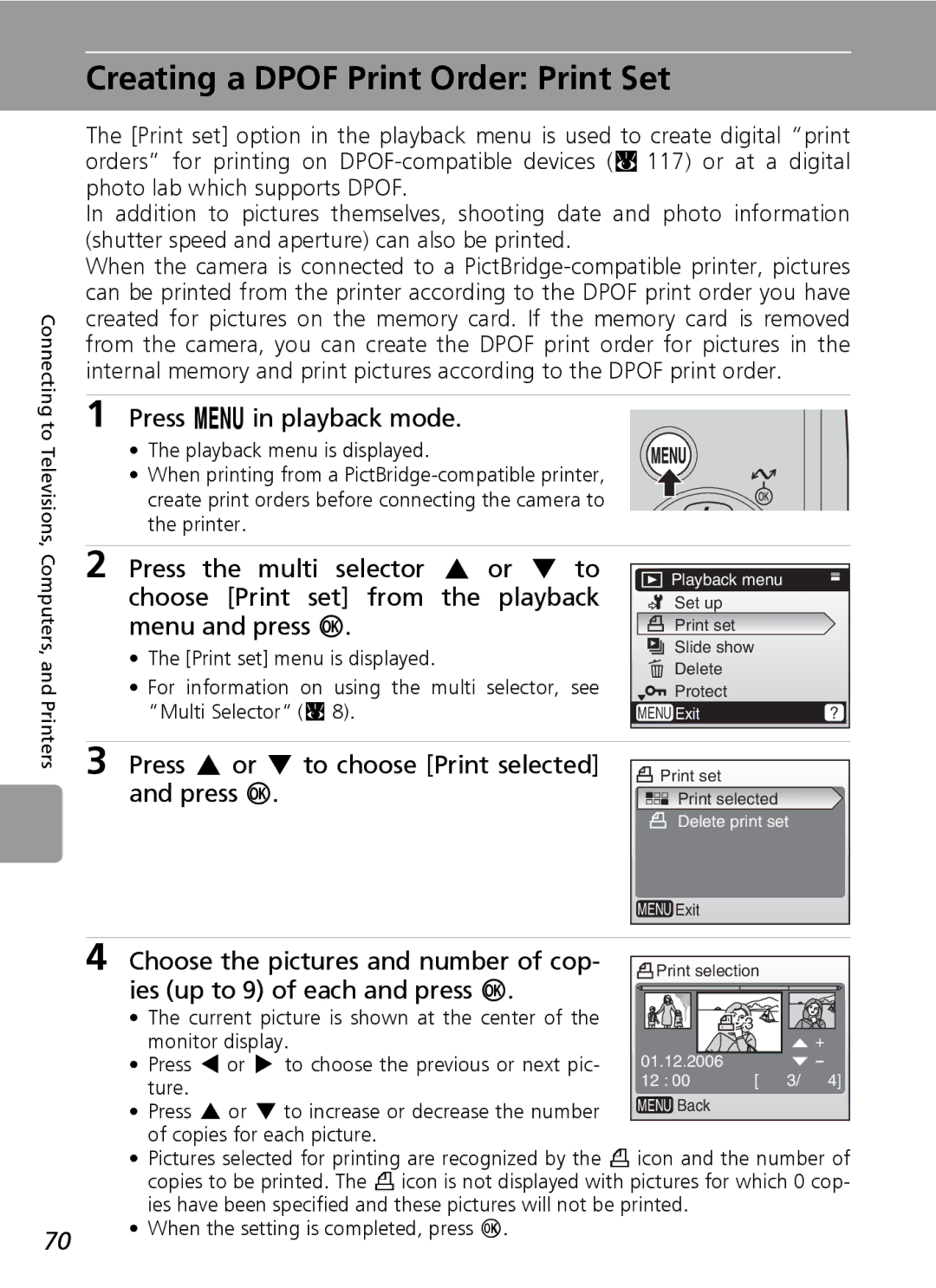 Nikon L5 manual Creating a Dpof Print Order Print Set, Press m in playback mode, Choose the pictures and number of cop 