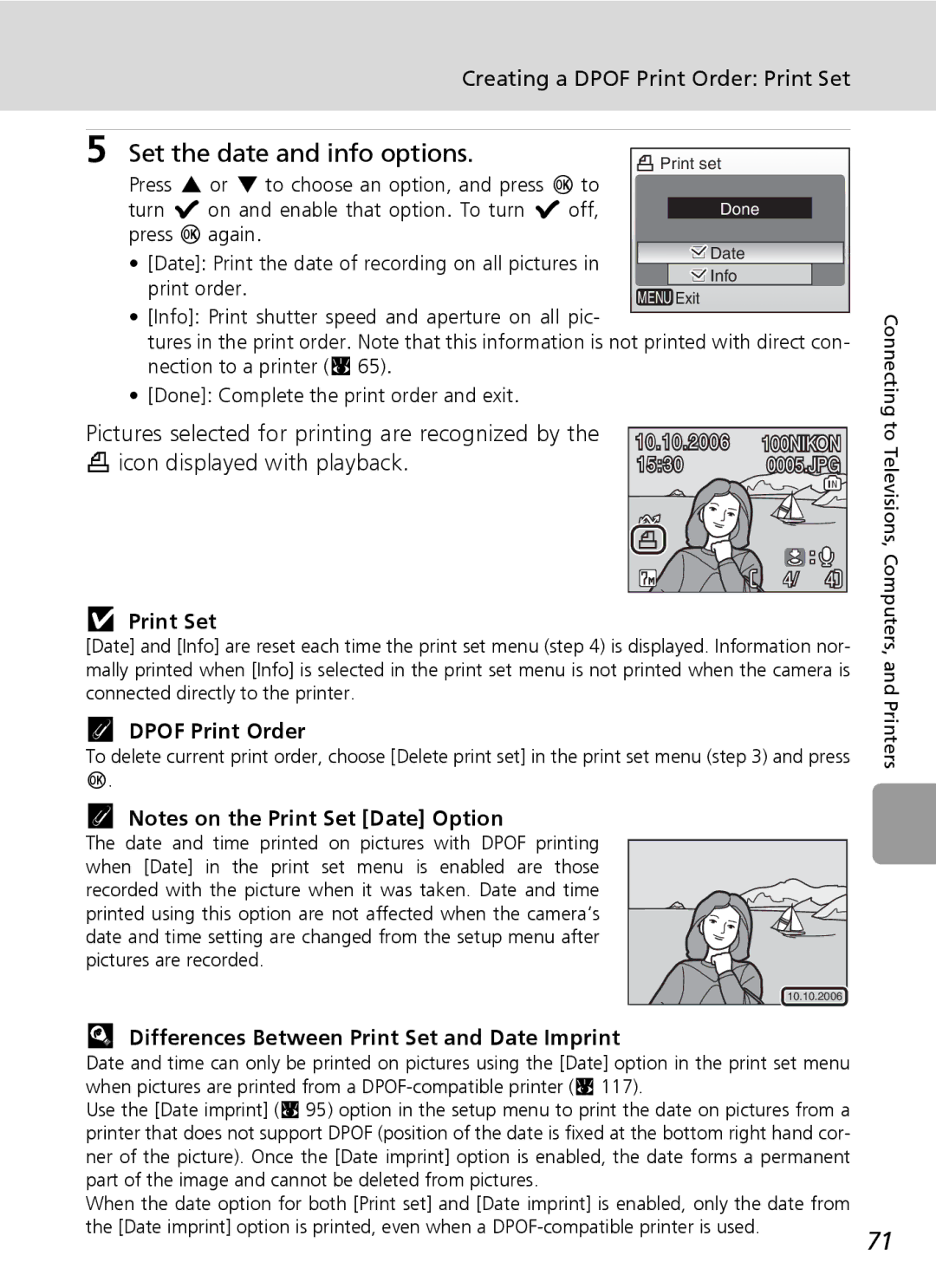 Nikon L5 manual Set the date and info options, Creating a Dpof Print Order Print Set 