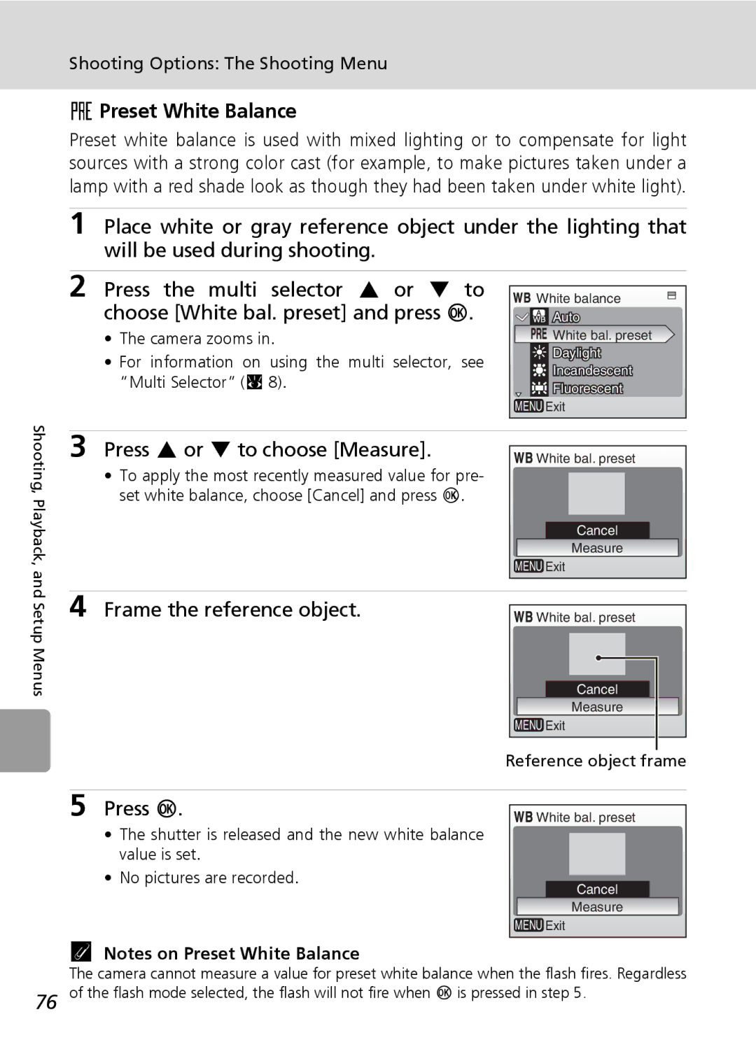 Nikon L5 manual Preset White Balance, Press G or H to choose Measure, Frame the reference object Press d 