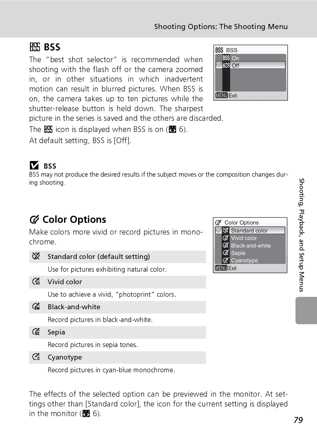 Nikon L5 manual Color Options, Bss, Make colors more vivid or record pictures in mono- chrome 