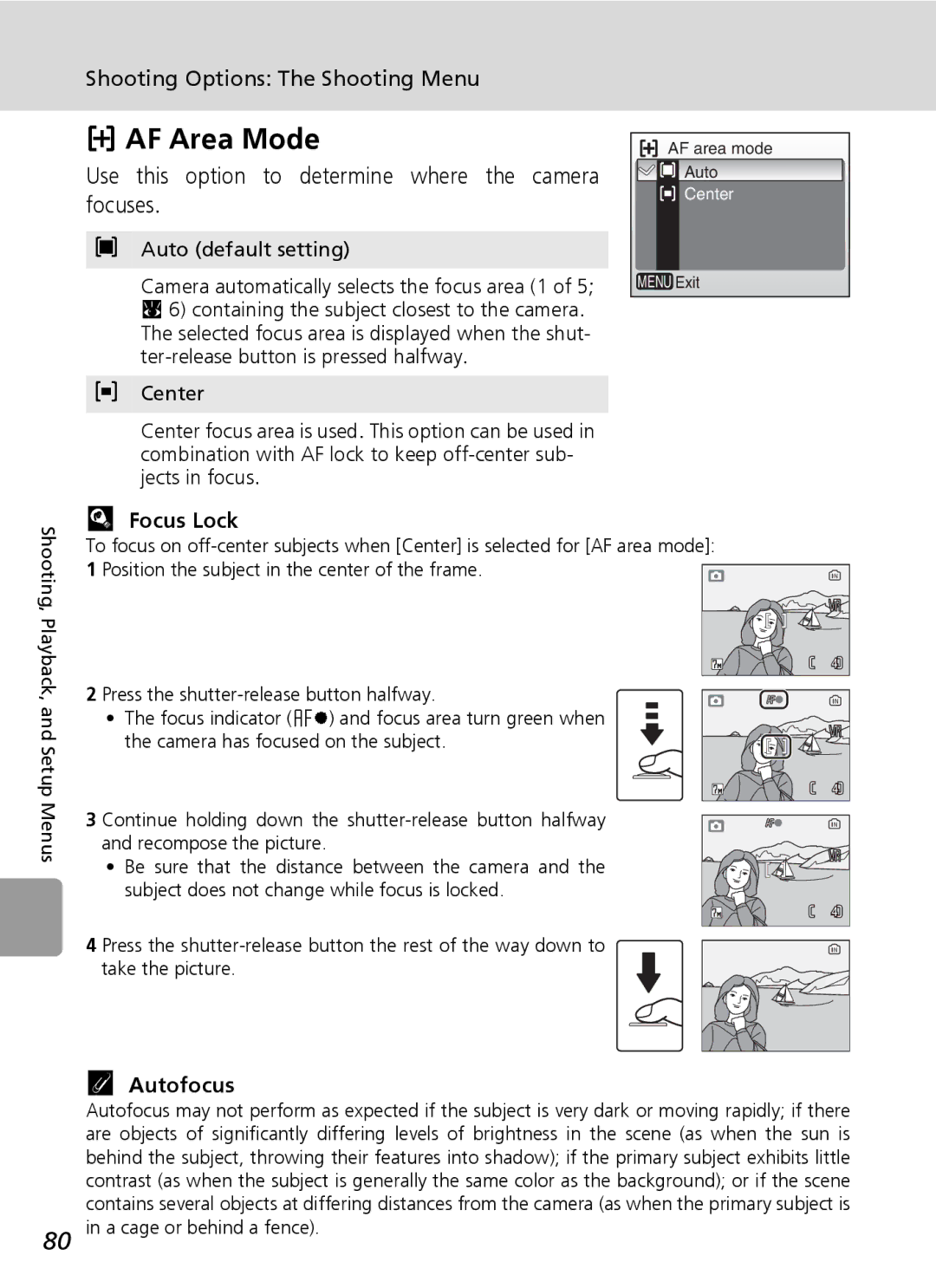 Nikon L5 manual AF Area Mode, Use this option to determine where the camera focuses, Focus Lock, Autofocus, Center 