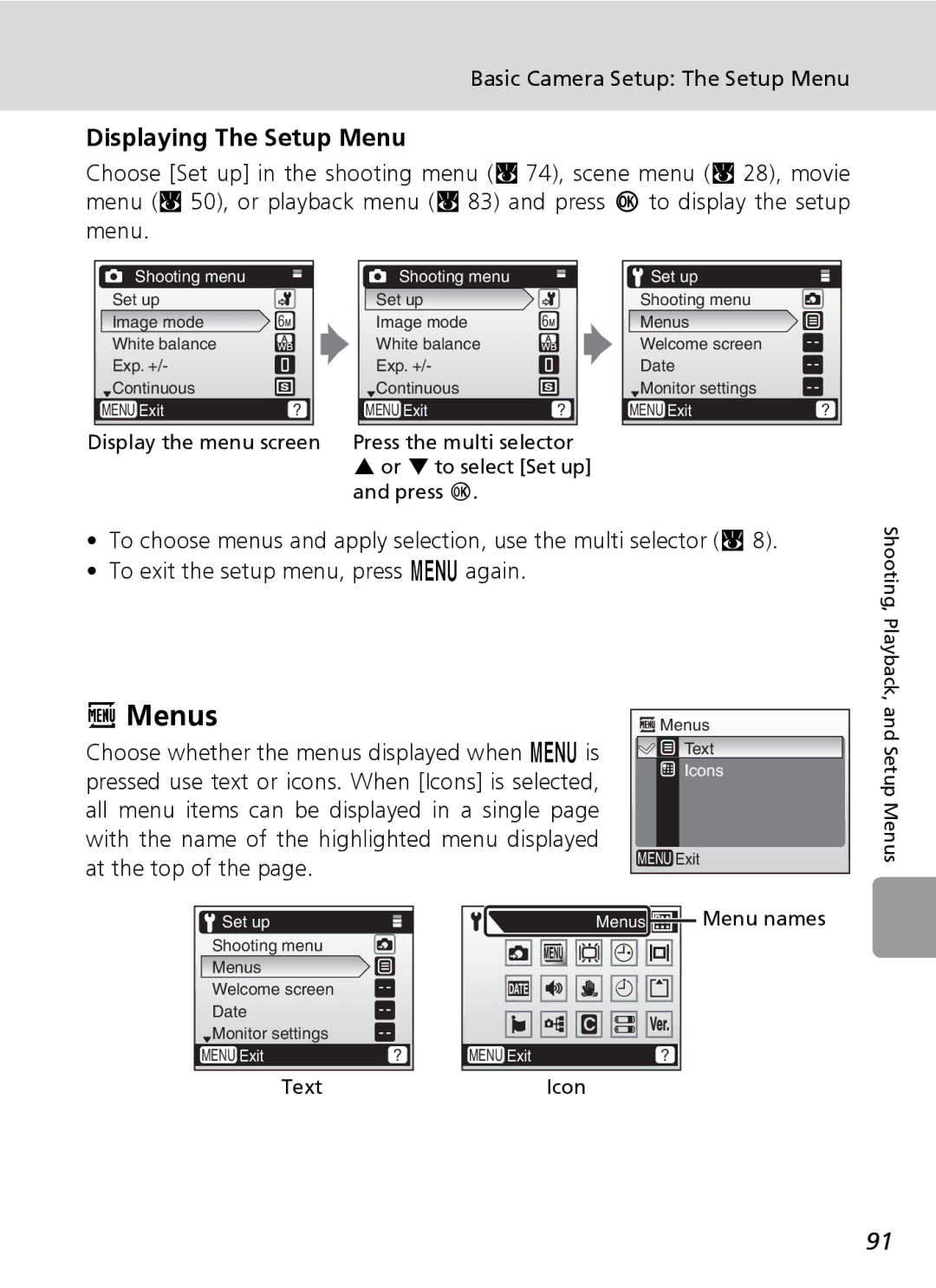 Nikon L6 manual Menus, Displaying The Setup Menu, Basic Camera Setup The Setup Menu, Display the menu screen 