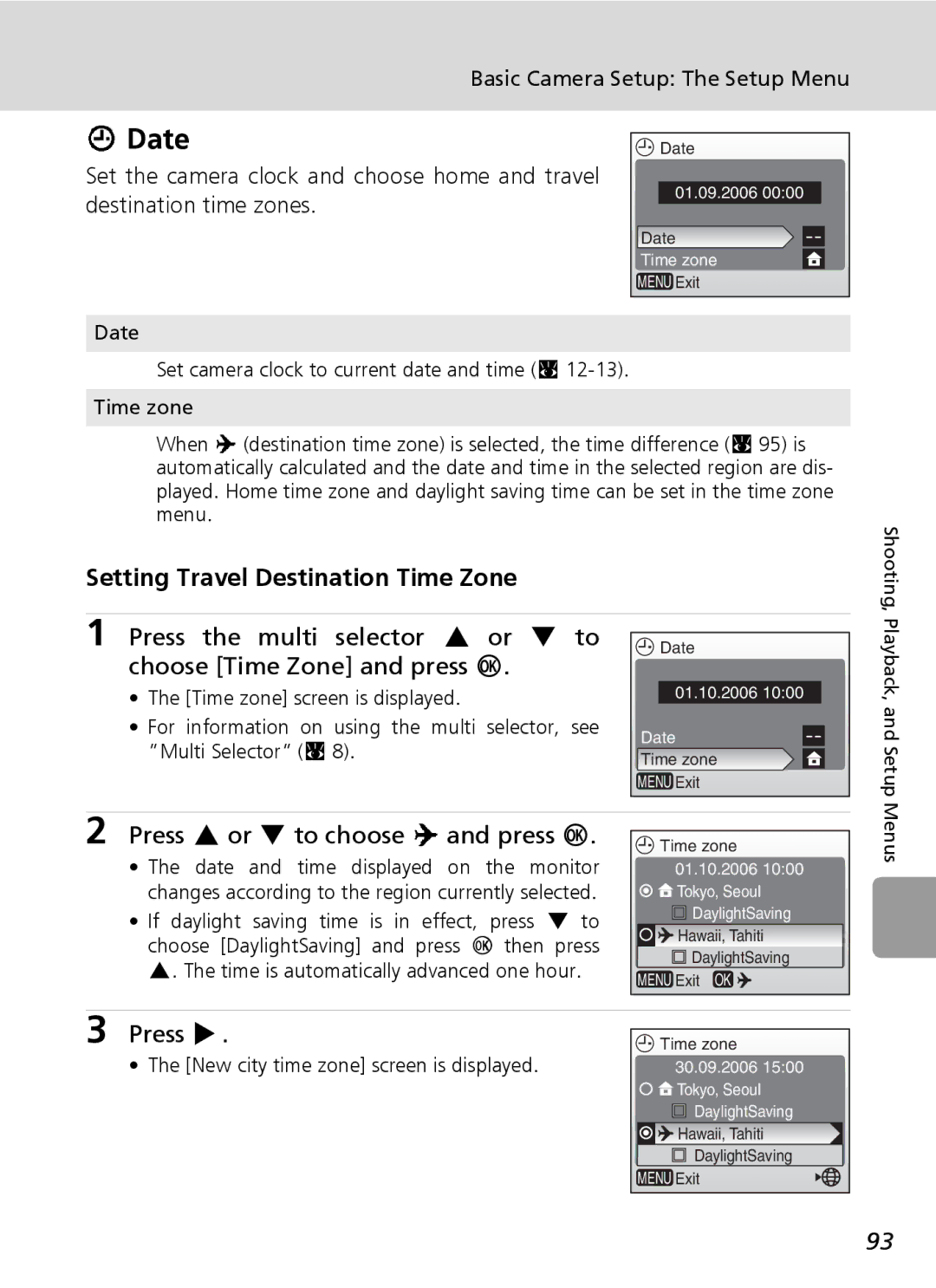 Nikon L6 manual Date, Setting Travel Destination Time Zone, Press G or H to choose Y and press d 